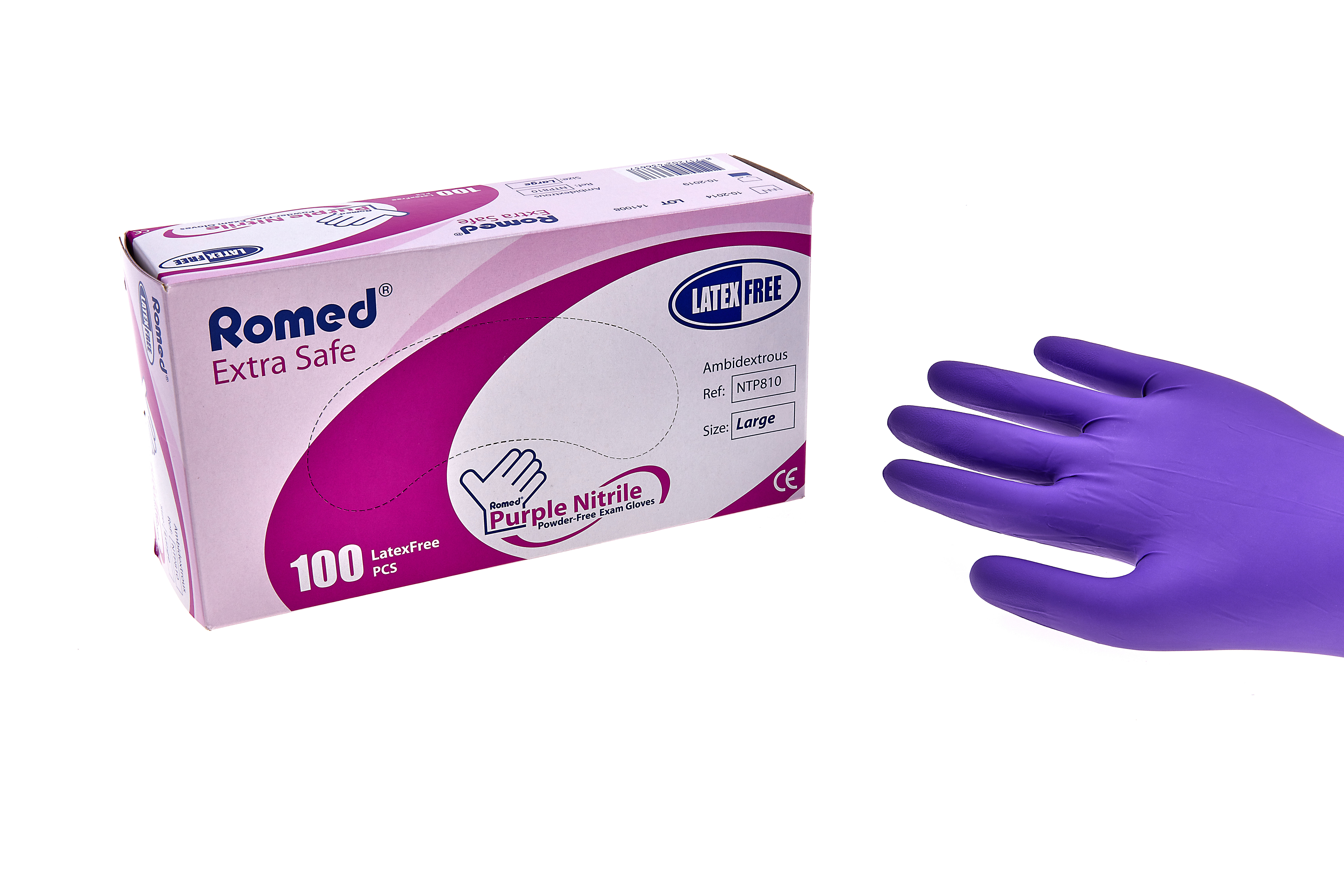 NTP815 Romed nitrile examination gloves, non sterile, powderfree, purple, x-large, per 100 pieces in a dispenser box, 10 x 100 pcs = 1.000 pcs in a carton.