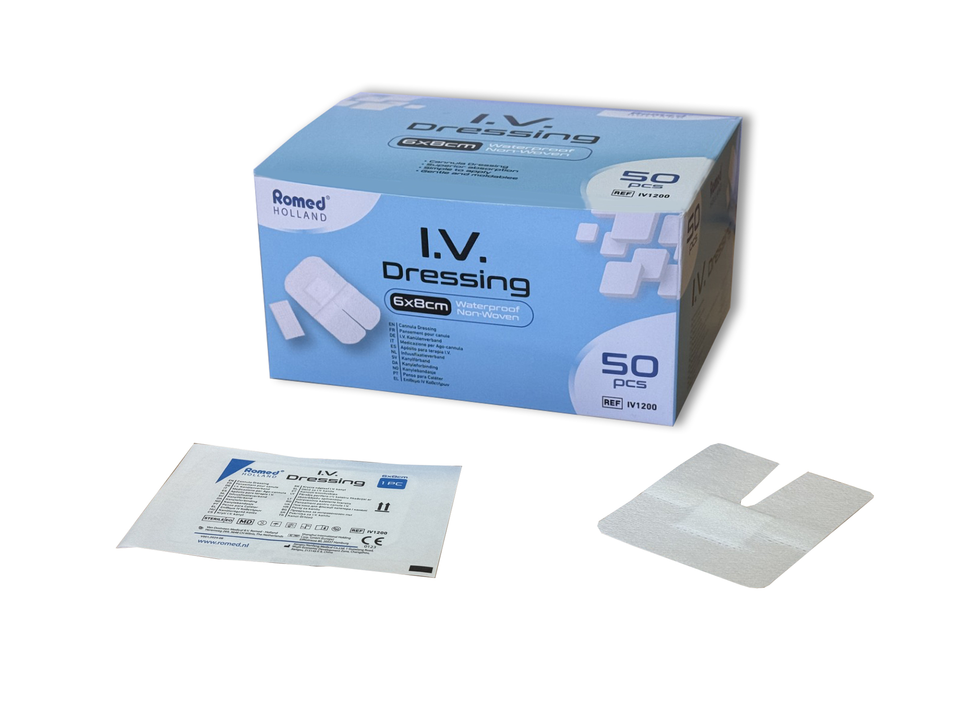 IV1200 Romed I.V. Dressing, waterproof, non-woven, 6x8 cm, packed per piece, 50 pcs in a box,  24 boxes,  1.200 pcs in a carton.