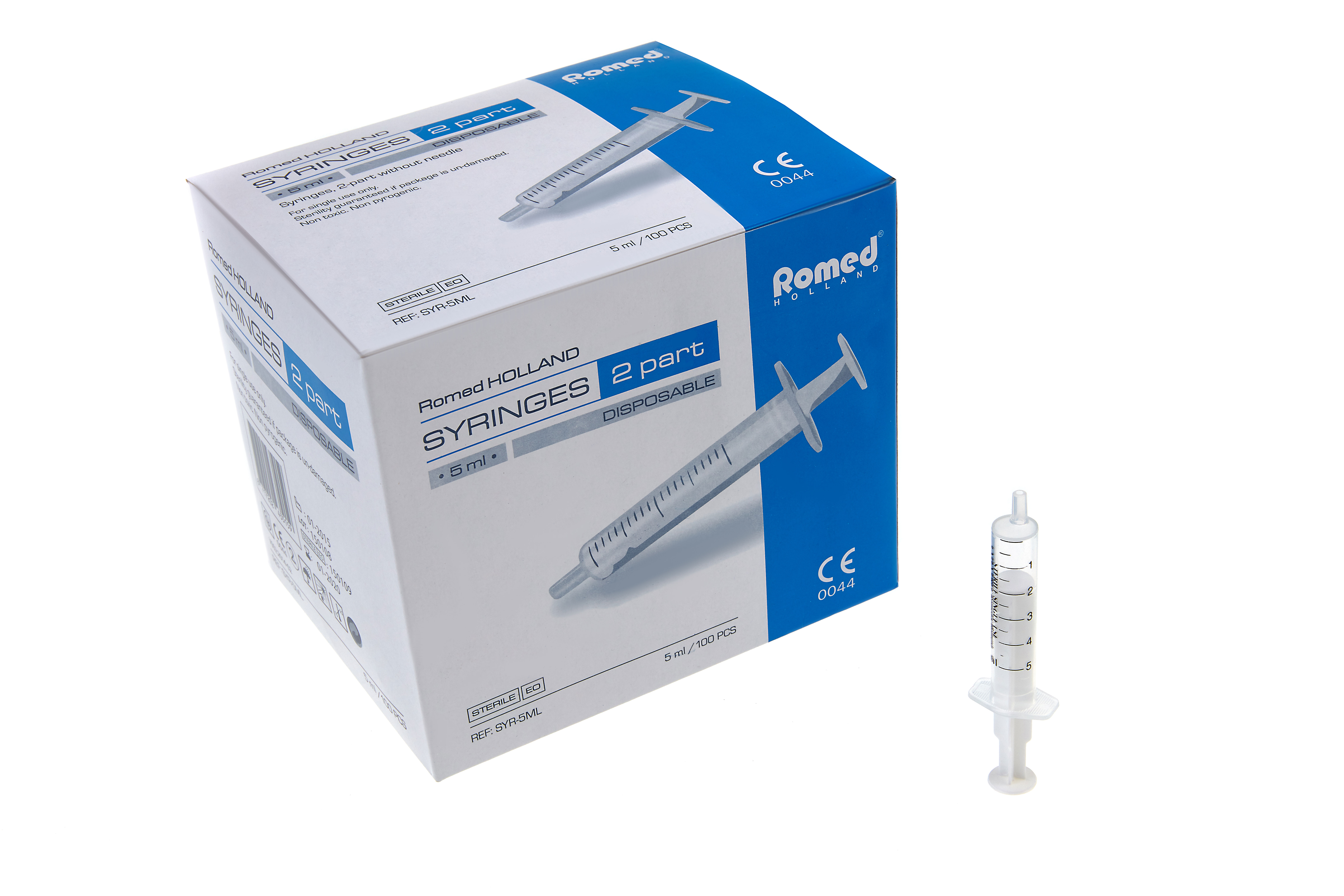 SYR-2ML Romed 2-part syringes 2ml, without needle, sterile per piece, 100 pcs in an inner box, 30 x 100 pcs = 3.000 pcs in a carton.
