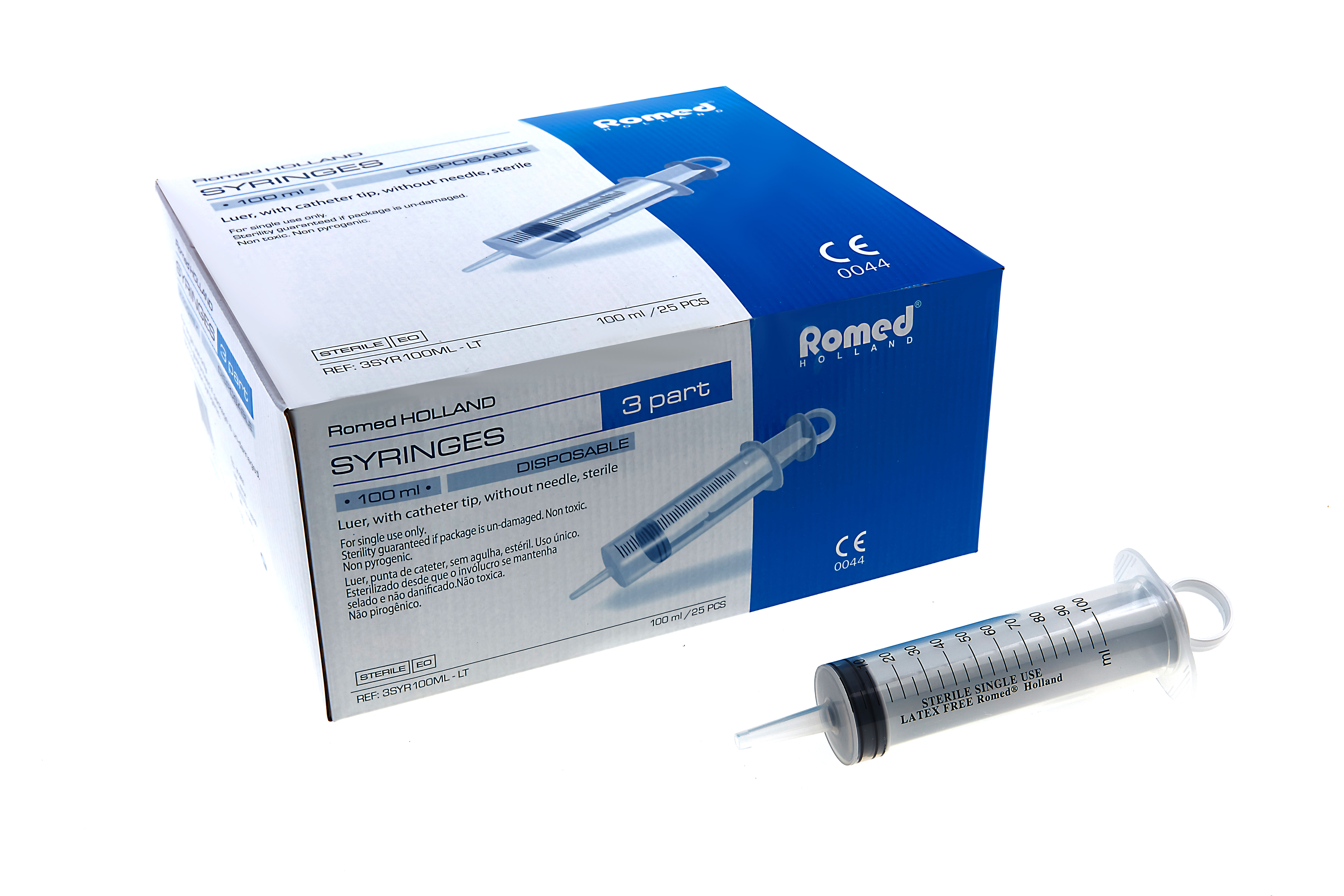3SYR100ML-LT Romed 3-delige spuiten 100 ml, zonder naald, catheter tip, per stuk steriel verpakt, per 25 stuks in binnendoosje, 4 x 25 stuks = 100 stuks in een karton.