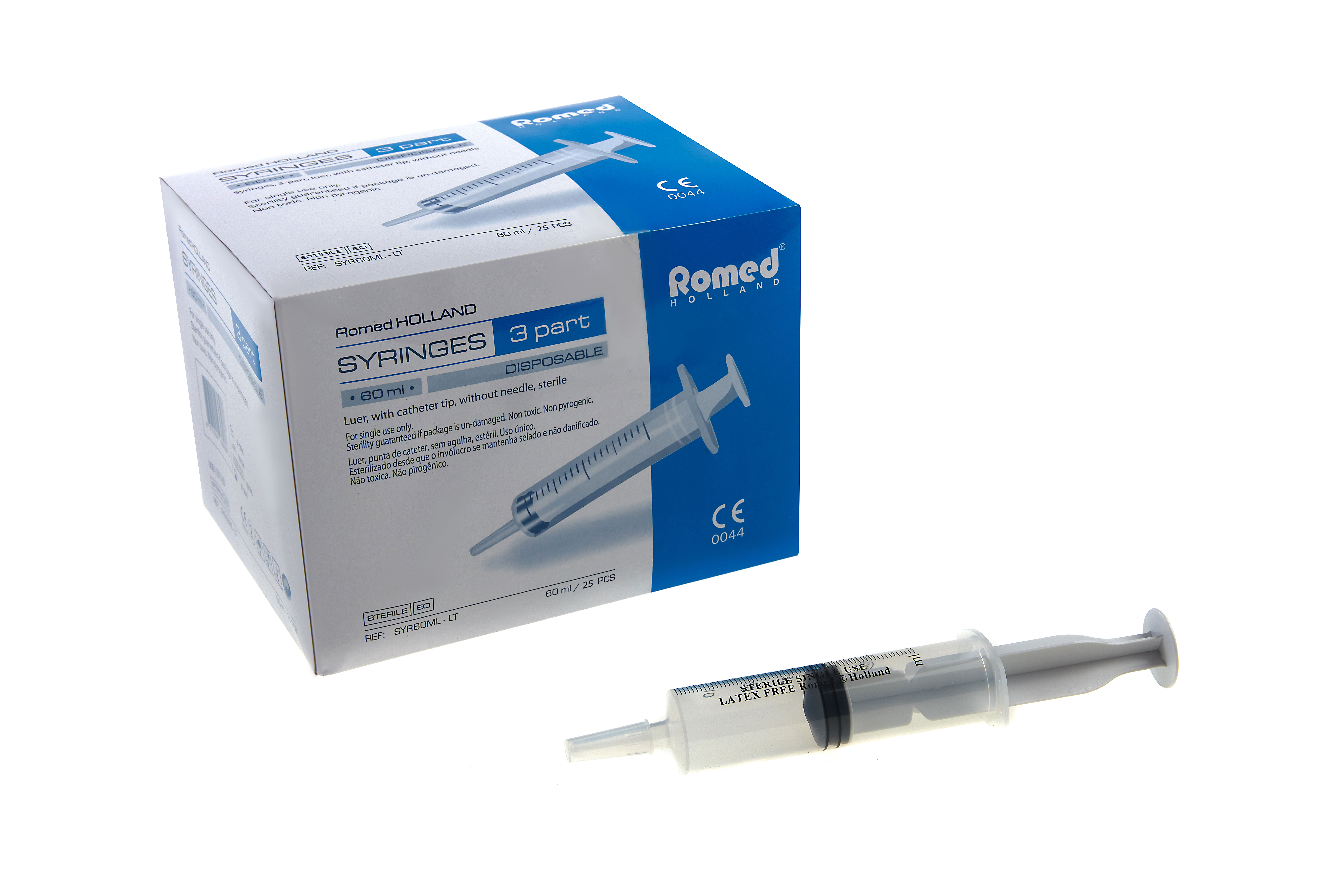 SYR60ML-LT Romed 3-teilige Spritzen 60 ml ohne Kanüle, katheter tip, pro Stück steril verpackt, pro 25 Stück in einer Schachtel, 16 x 25 Stück = 400 Stück im Karton.
