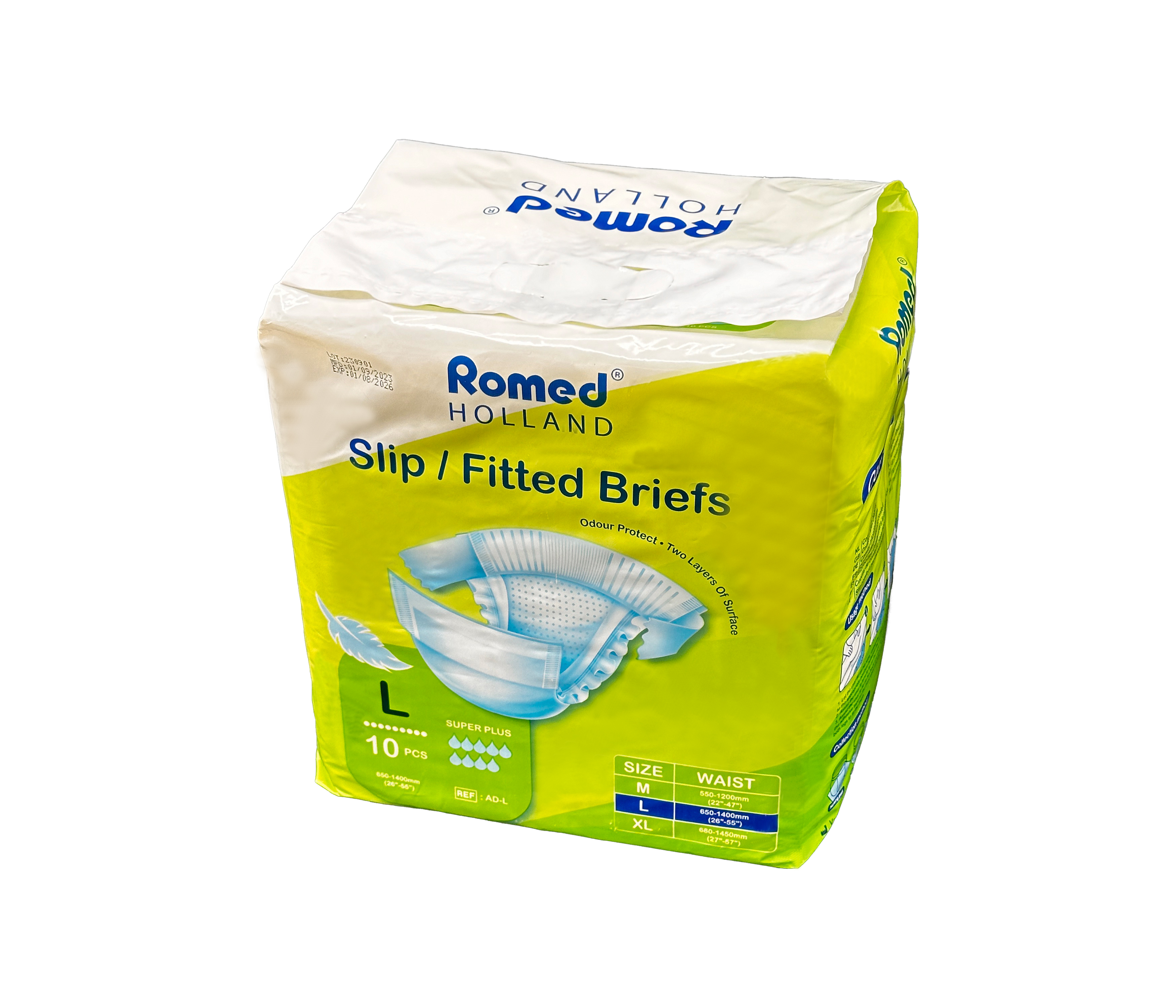 AD-M Romed Comfort Incontinence Slips, medium, 10 pièces dans un sac, 12 sacs dans une boîte.

- Douceur et respirabilité
- Protection contre les odeurs
- Deux couches de protection
- Indicateur d'humidité
- Unisexe
- Taille: medium (550-1200mm (22'-47'')