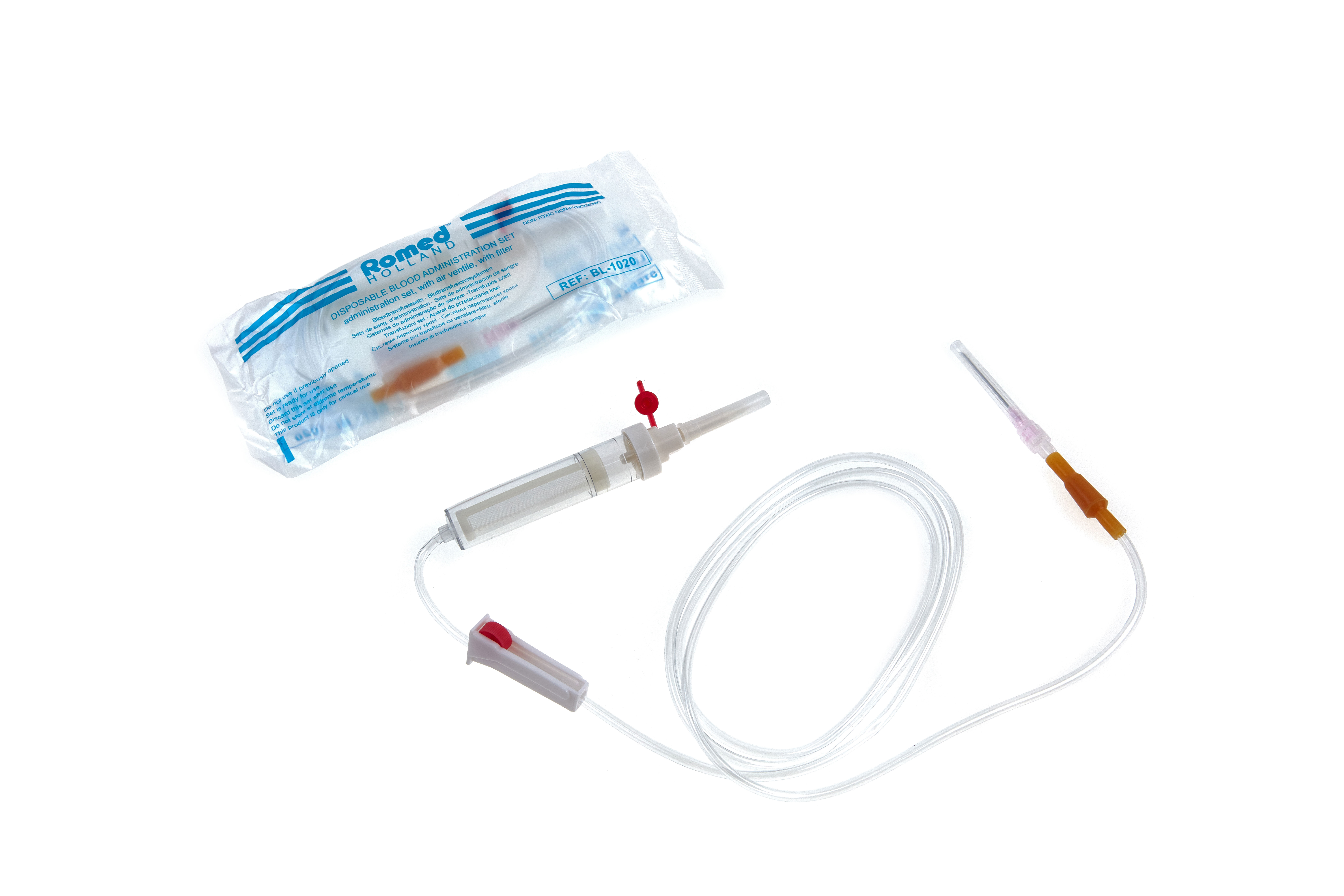 BL-1020 Romed Bluttransfusionssysteme mit Ventil und Filter, steril, pro Stück in einem Beutel, 250 Stück im Karton.