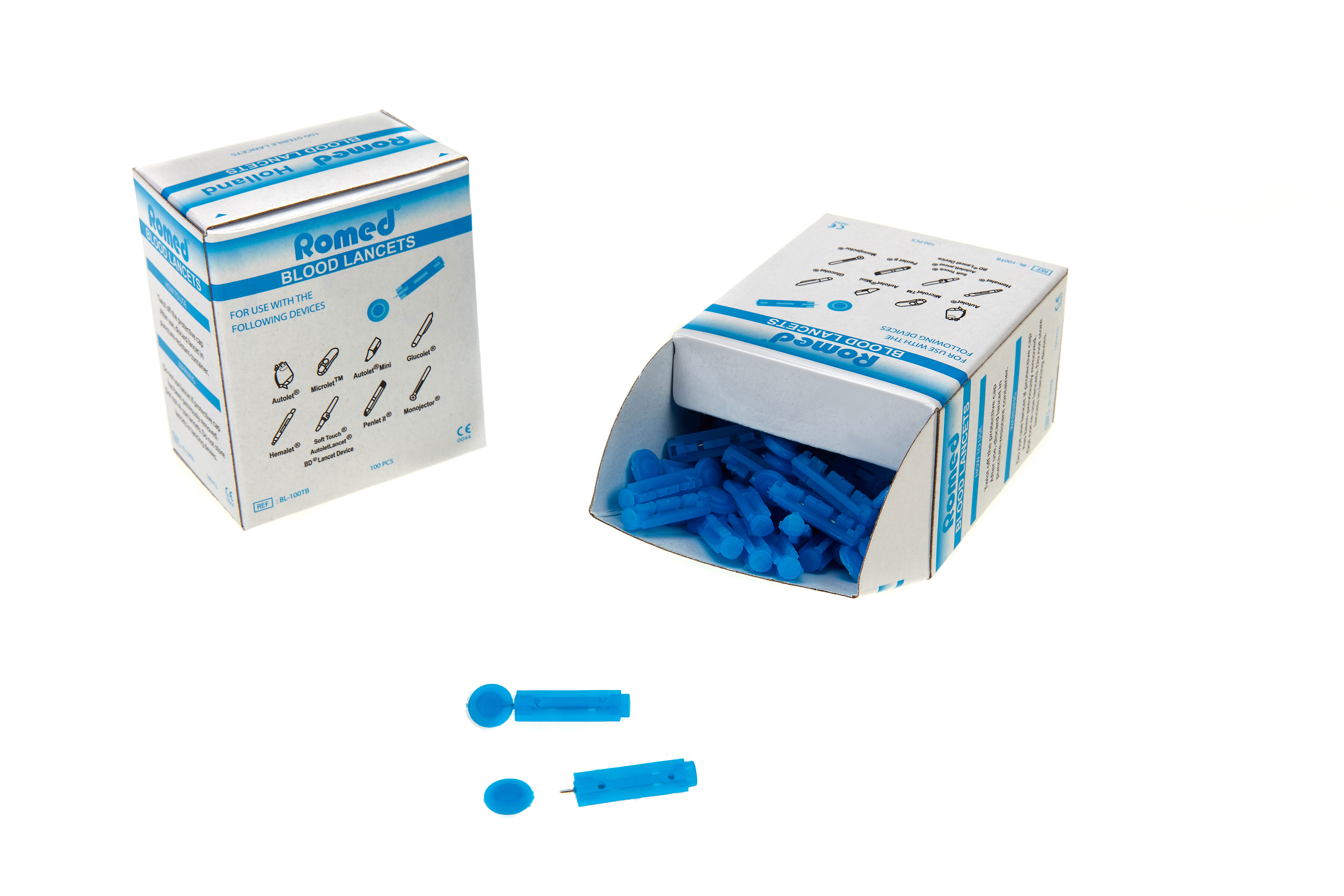 BL-100TB Romed Blutlanzetten mit Tri-bevel, fein, blau, steril pro Stück, 100 Stück in einer Schachtel, 5.000 Stück in einer Umschachtel, 4 x 5.000 Stück = 20.000 Stück im Karton.