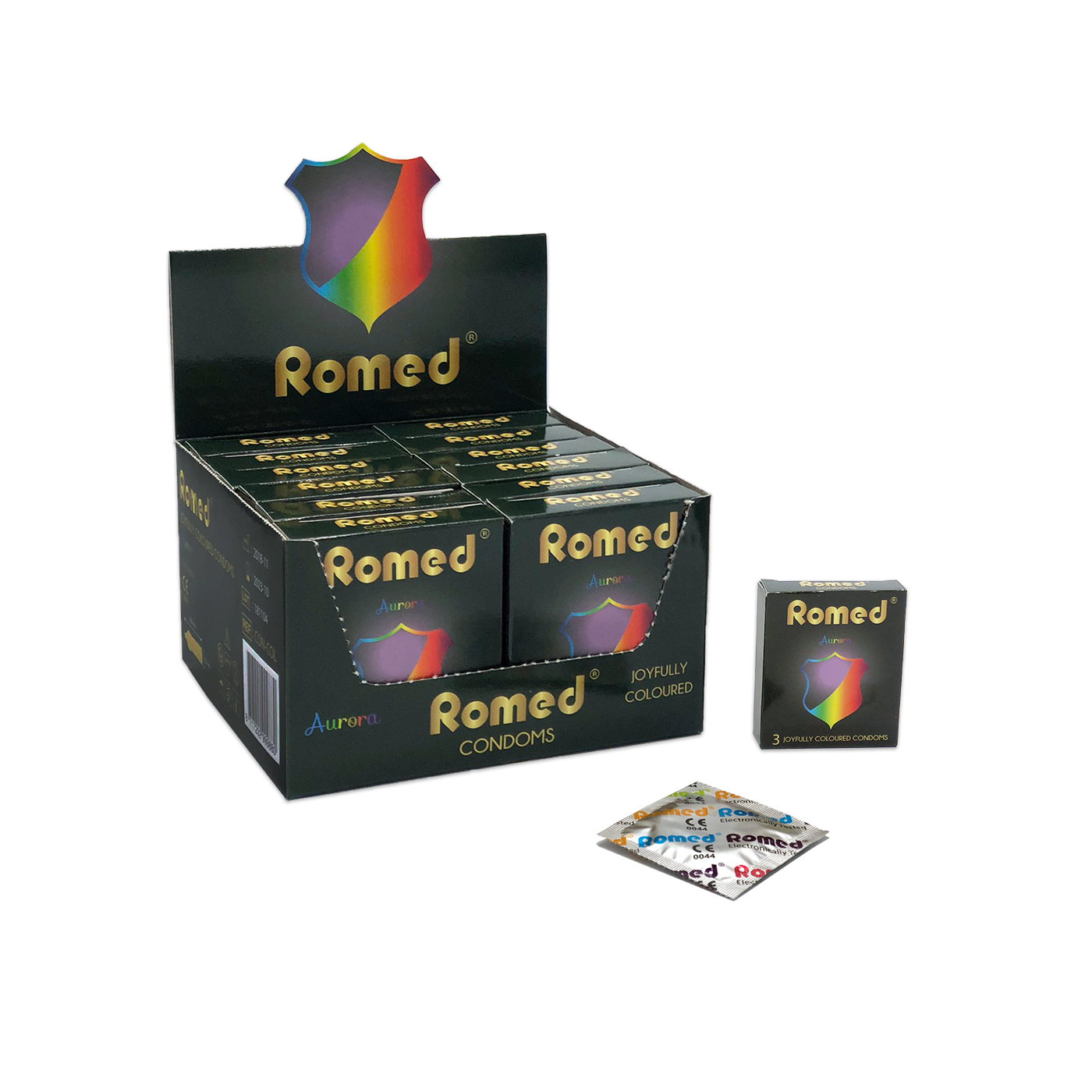 CON-COL Romed Kondome gefärbt , Streifen zu 3 Stück in einem Päckchen, in Cellophan, 48 Päckchen = 144 Stück in einer Schachtel, (= 1 Gros) 30 x 144 Stück = 4.320 Stück im Karton.