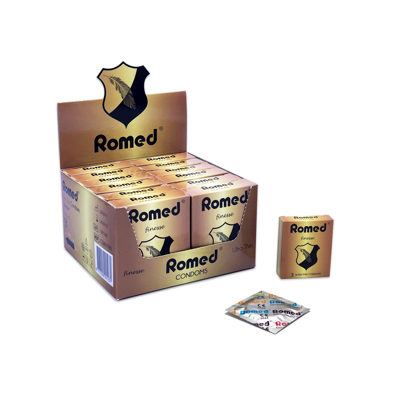CON-THN Romed condoms, extra thin, packed per piece in (square) foil, 3 pcs in a small box, 12 x 3 pcs = 36 pcs in a shelf ready box, 4 x 36 pcs = 144 pcs in an inner box (=1 gross), 30 x 144 pcs = 4.320 pcs in a carton.
