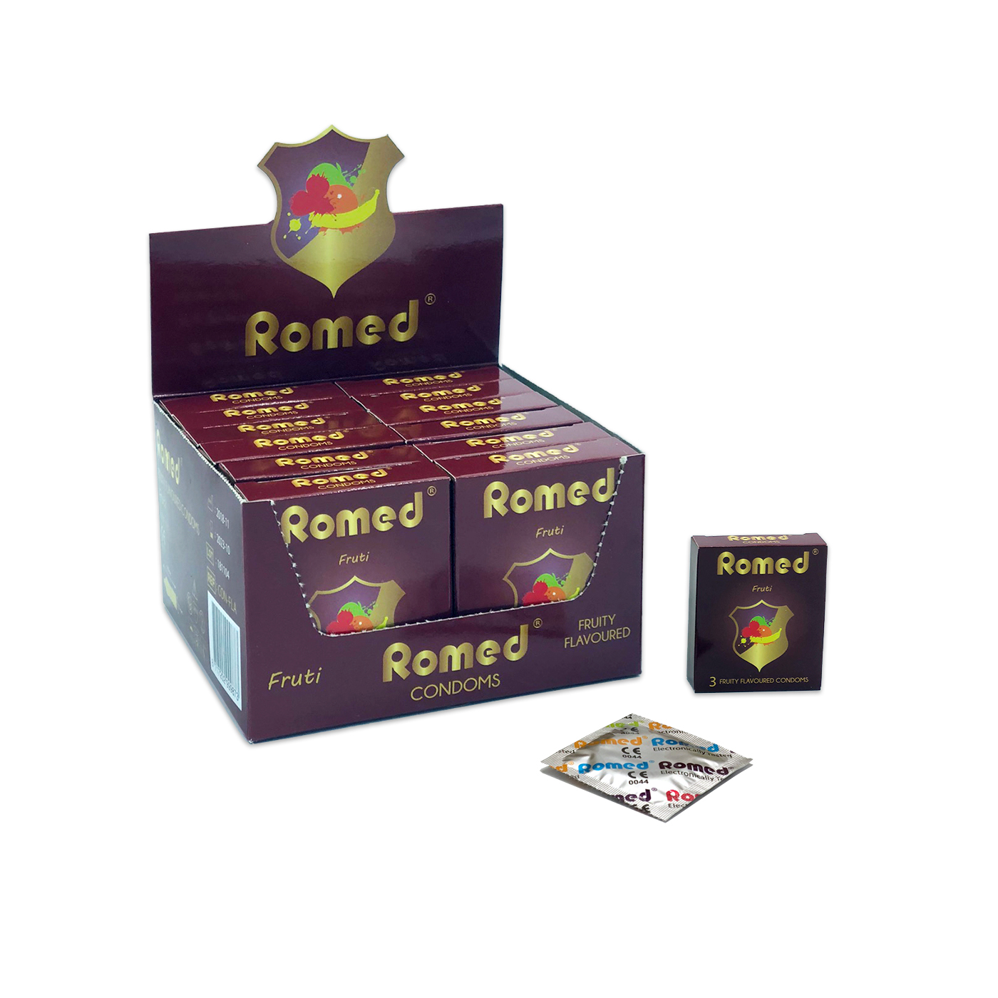 CON-FLA Romed Kondome mit Geschmack, Streifen zu 3 Stück in einem Päckchen, in Cellophan, 48 Päckchen = 144 Stück in einer Schachtel (= 1 Gros), 30 x 144 Stück = 4.320 Stück im Karton.