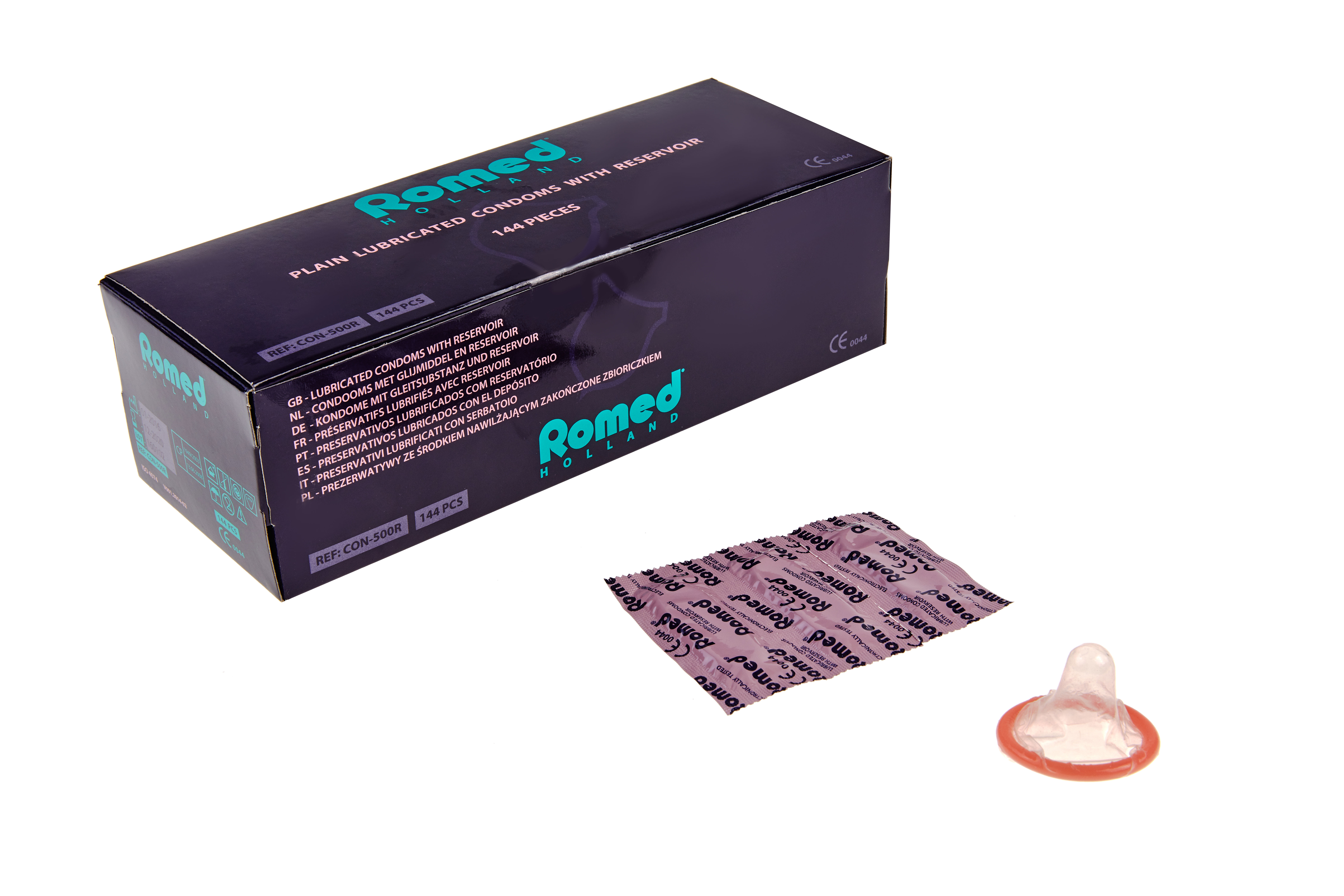 CON-500R Romed condoms packed in strips of 3 pcs, 48 strips of 3 pcs = 144 pcs in an inner box (= 1 gross), 50 x 144 pcs = 7.200 pcs in a carton.