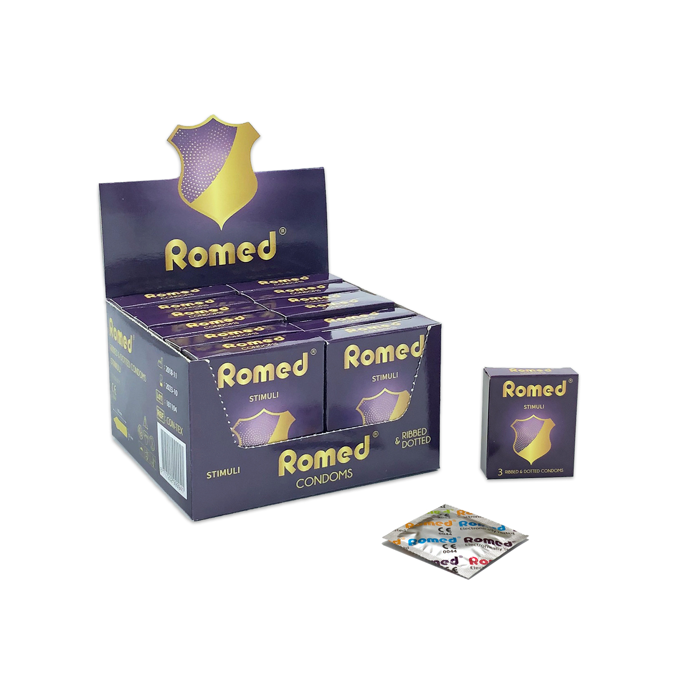 CON-TEX Romed Kondome geriffelt, Streifen zu 3 Stück in einem Päckchen, in Cellophan, 48 Päckchen = 144 Stück in einer Schachtel (= 1 Gros), 30 x 144 Stück = 4.320 Stück im Karton.