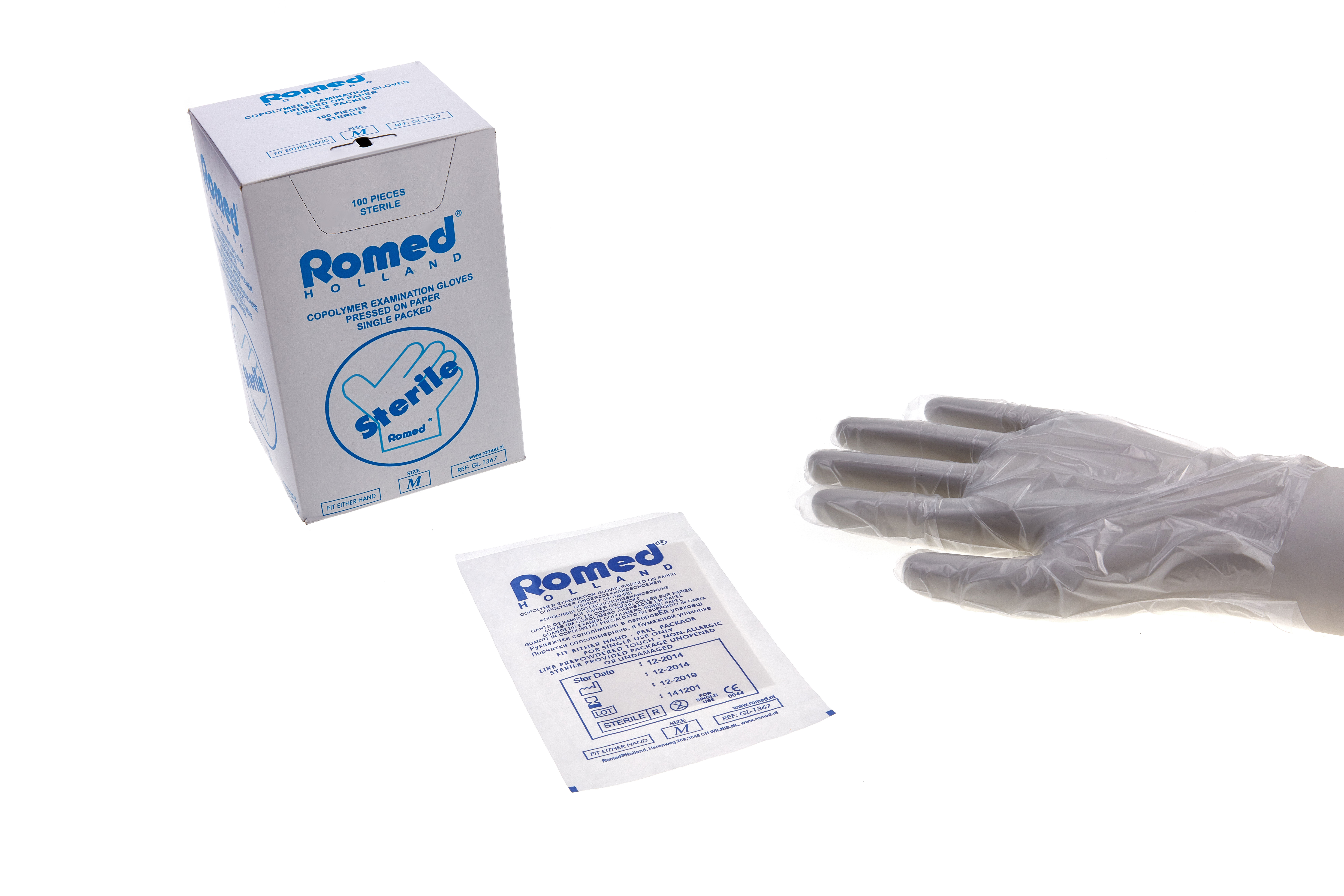 GL-1368 Romed copolymer examination gloves, large, sterile per piece, pressed on paper, 100 pcs in an inner box, 24 x 100 pcs = 2.400 pcs in a carton.