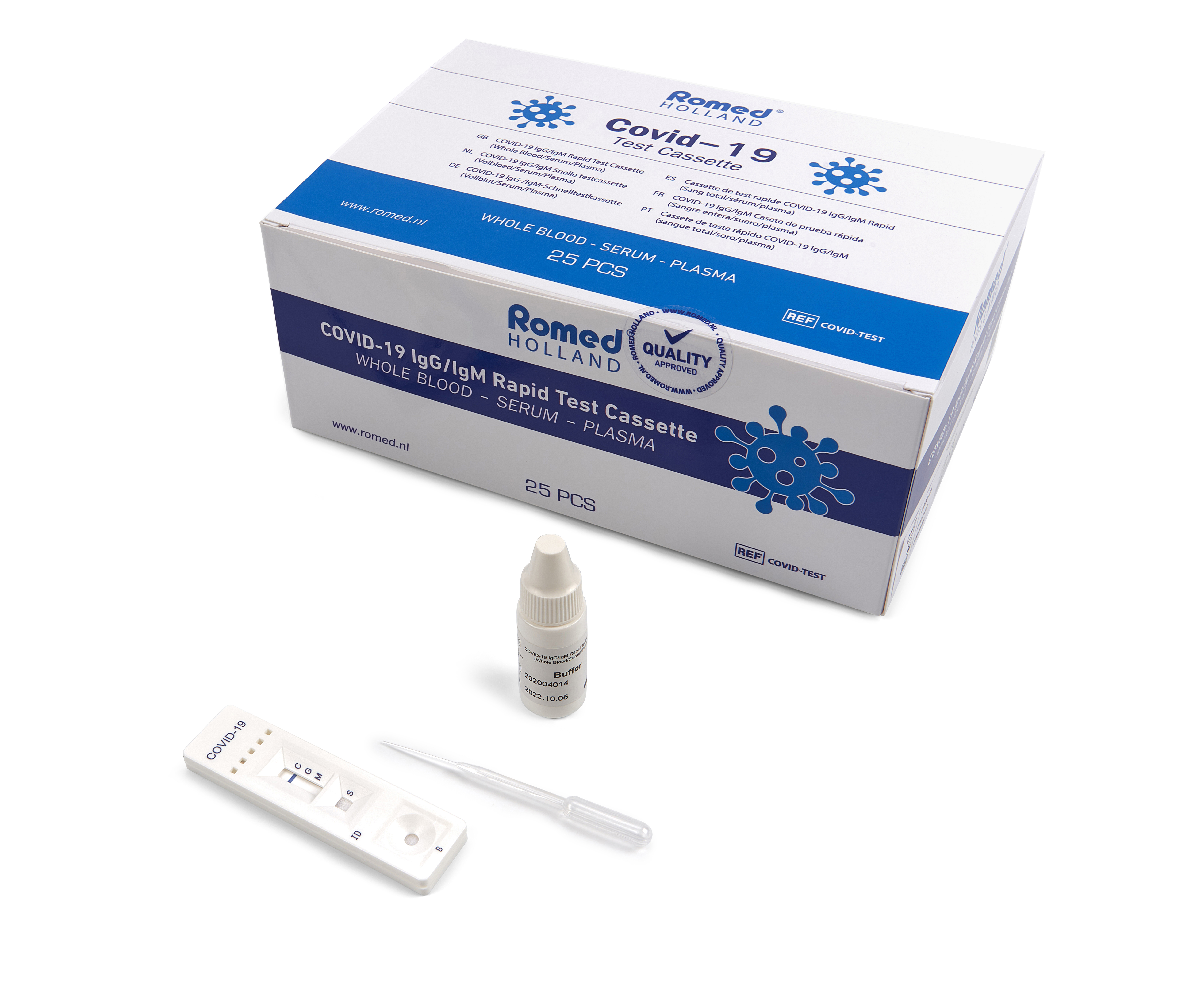 COVIDTEST Romed COVID-19 serologisch Schnelltestkassette zum Nachweis von Antikörpern (lgG-/lgM). Dieser Test ist ein immunochromatografischer Festphasen-Test für den schnellen, qualitativen und differenziellen Nachweis von lgG- und lgM-Antikörpern gegen das neuartige Coronavirus 2019 in menschlichem Vollblut, Serum oder Plasma.

Verpackt pro 25 Stück in einer Innenverpackung, 1250 Stück pro Karton.