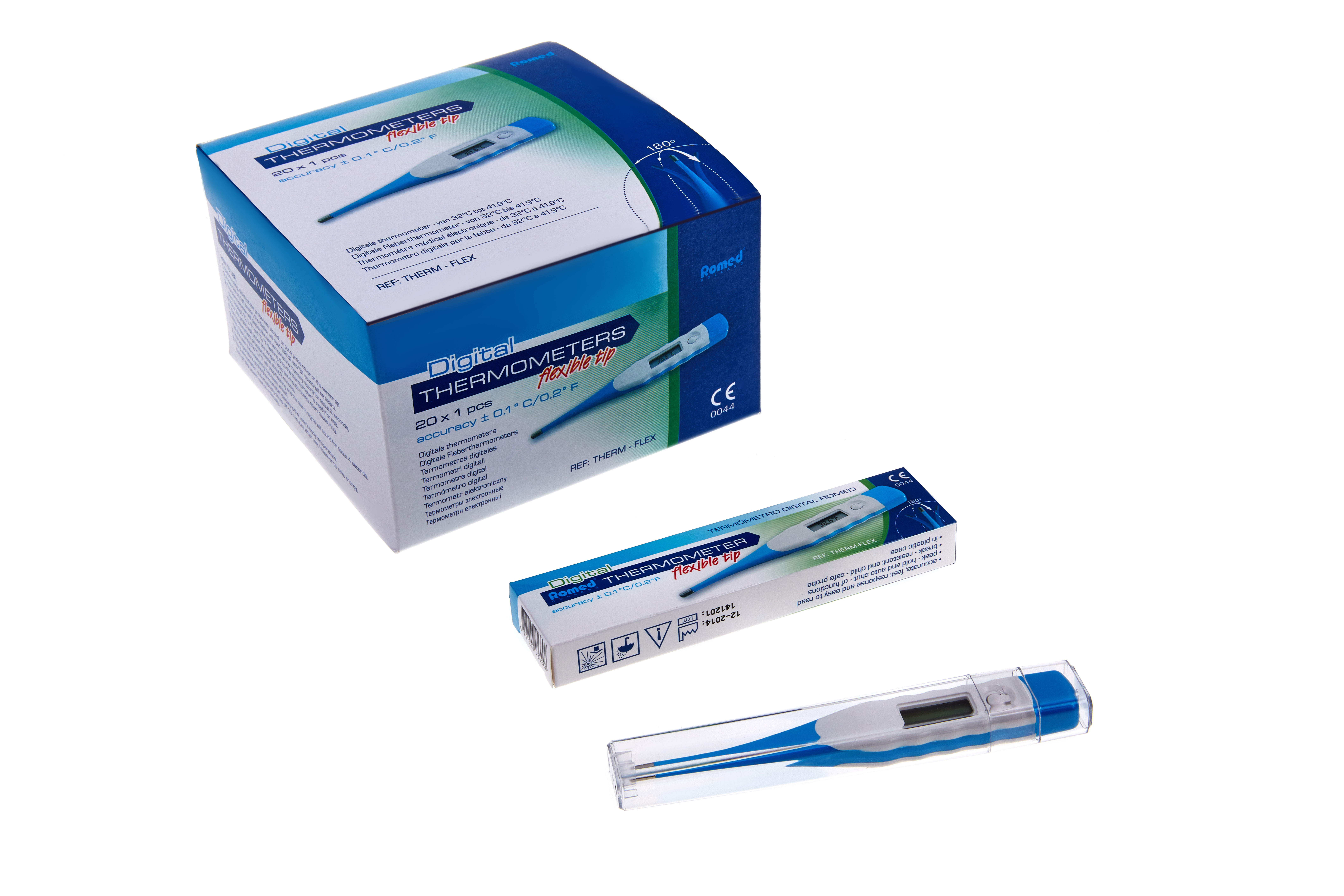 THERM-FLEX Romed thermometers, digital type, with flexible tip, per piece in small box, 20 pcs in an inner box, 10 x 20 pcs = 200 pcs in a carton.