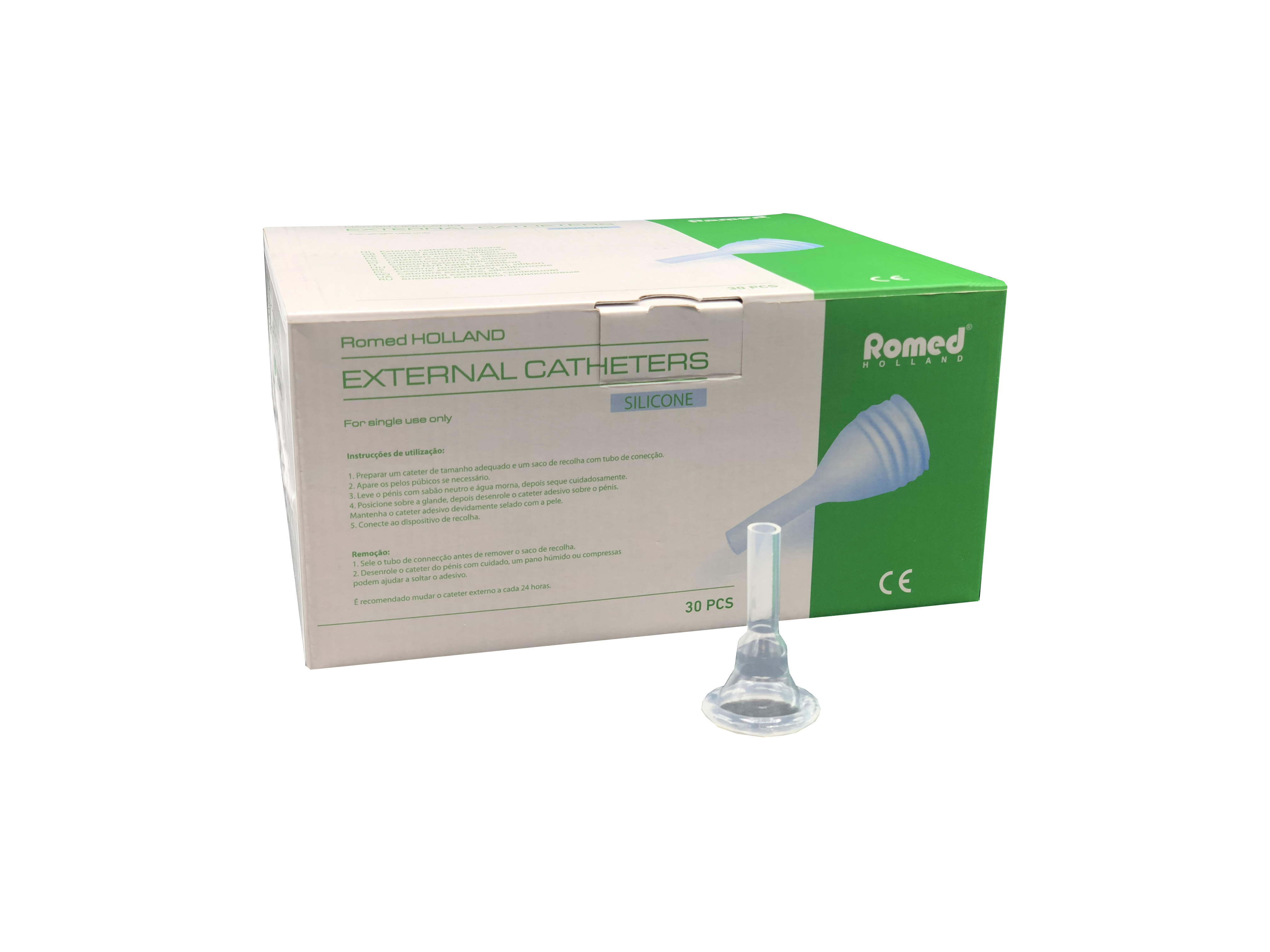 ECSIL-M Romed external catheters, silicone, self-adhesive, per piece in a peel pouch, 30 pcs in an inner box, 12 x 30 pcs = 360 pcs in a carton.