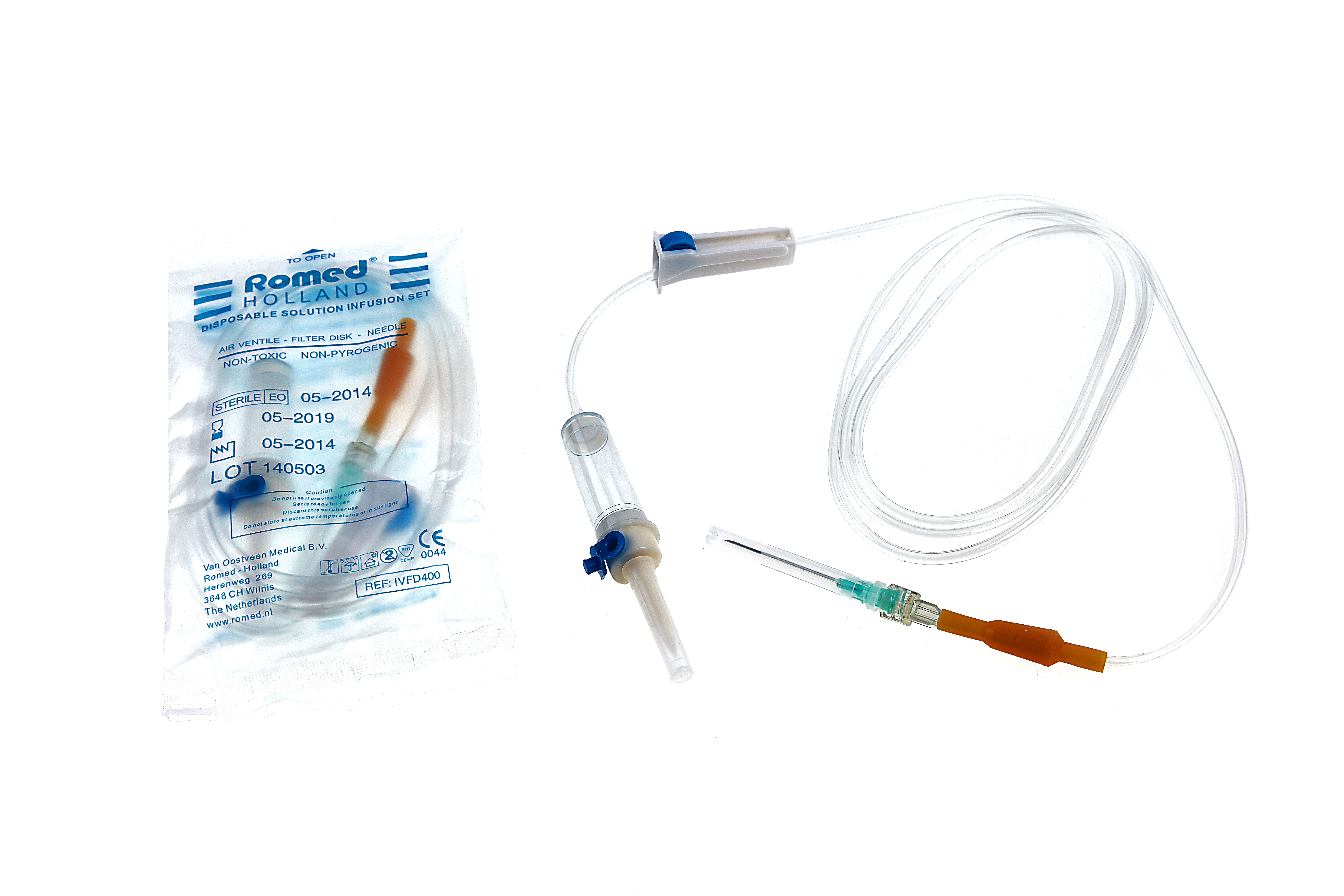 IVFD400 Romed infusieset met beluchting naald en filter, steriel per stuk verpakt in een polyzakje, 400 stuks in een karton.