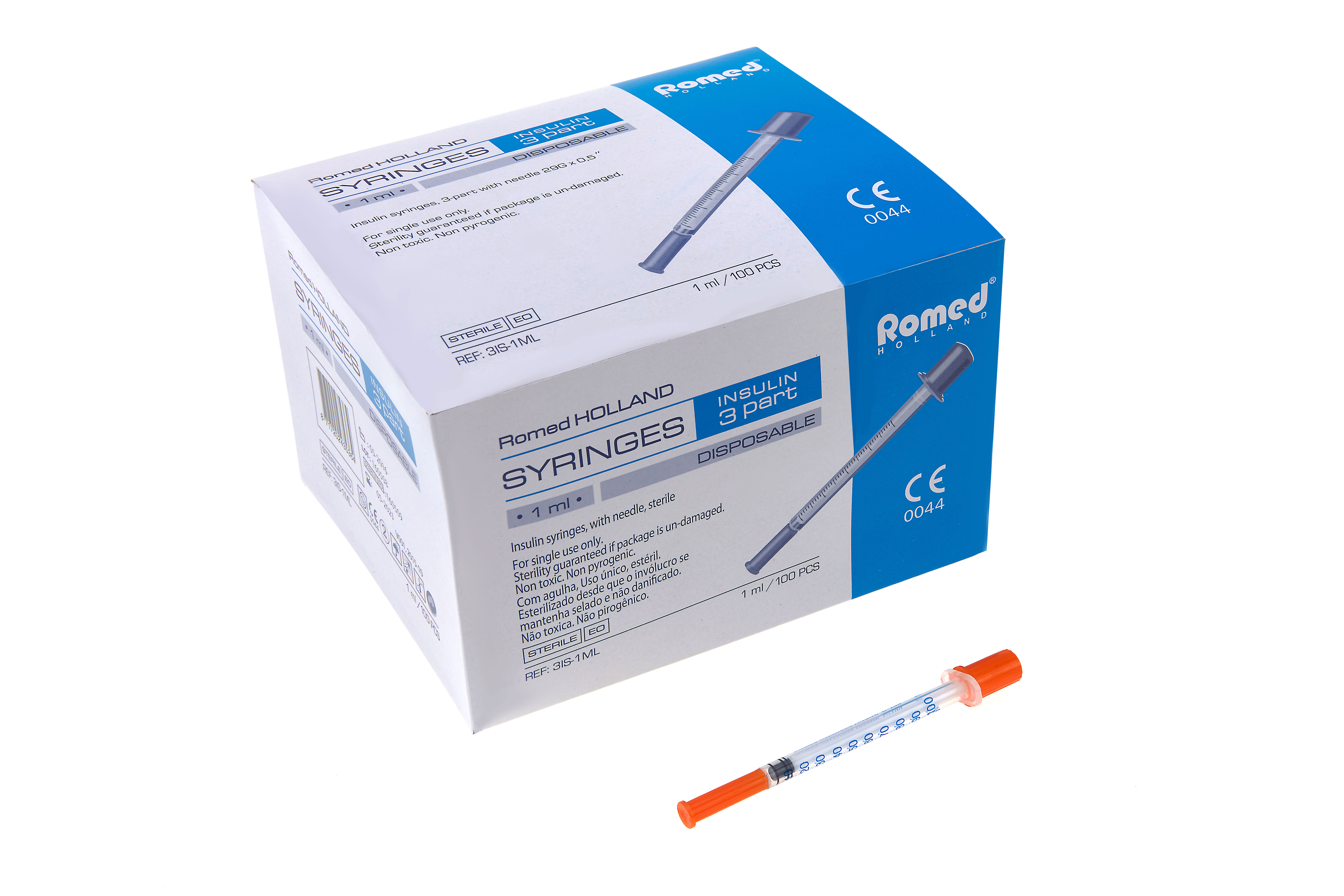 3IS-1ML Romed insulinespuiten 1ml, met geïntegreerde naald, per stuk steriel verpakt, per 100 stuks in binnendoosje, 32 x 100 stuks = 3.200 stuks in een karton.