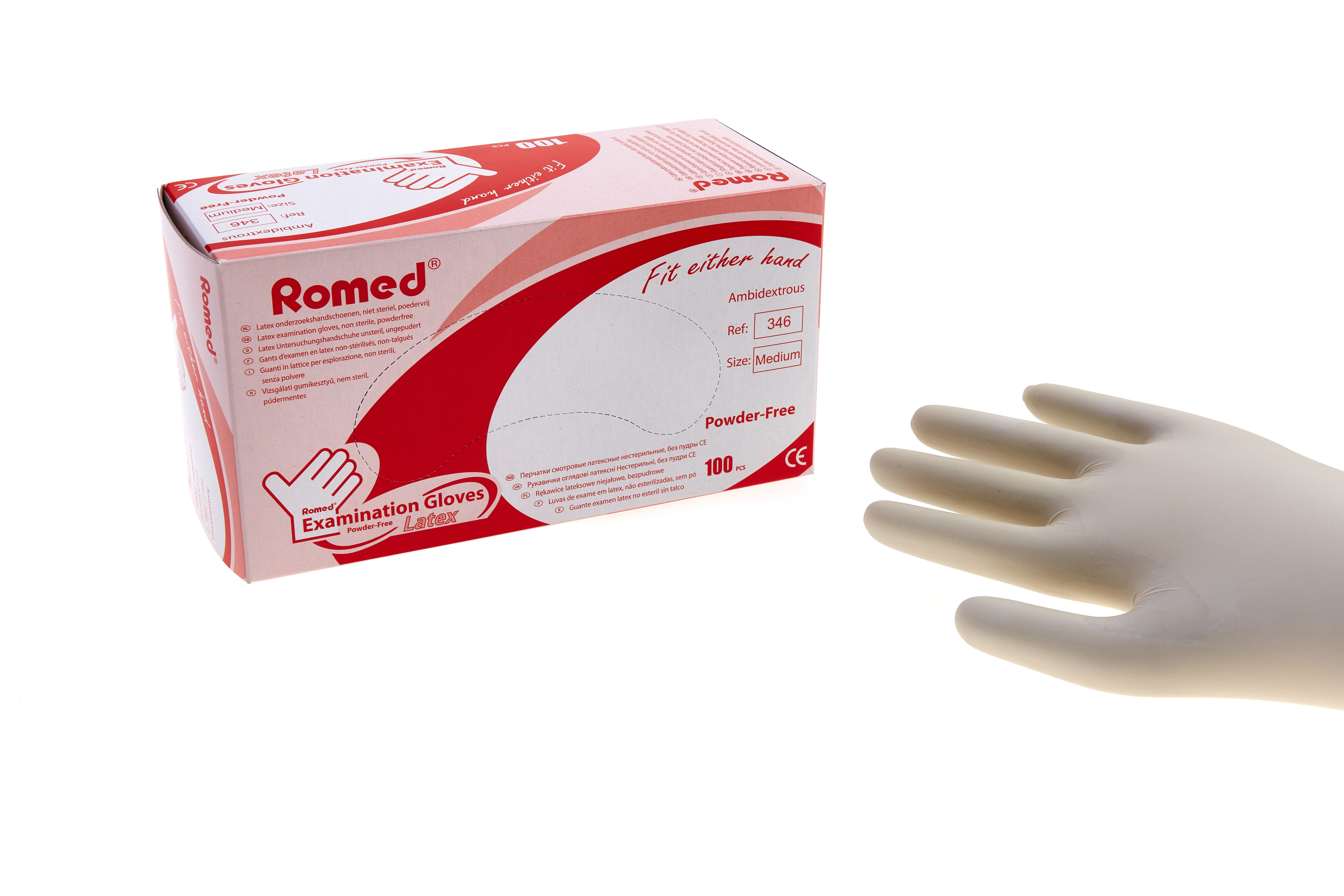 351 Romed latex examination gloves, non sterile, powderfree, large, per 100 pcs in a dispenser box, 10 x 100 pcs = 1.000 pcs in a carton.