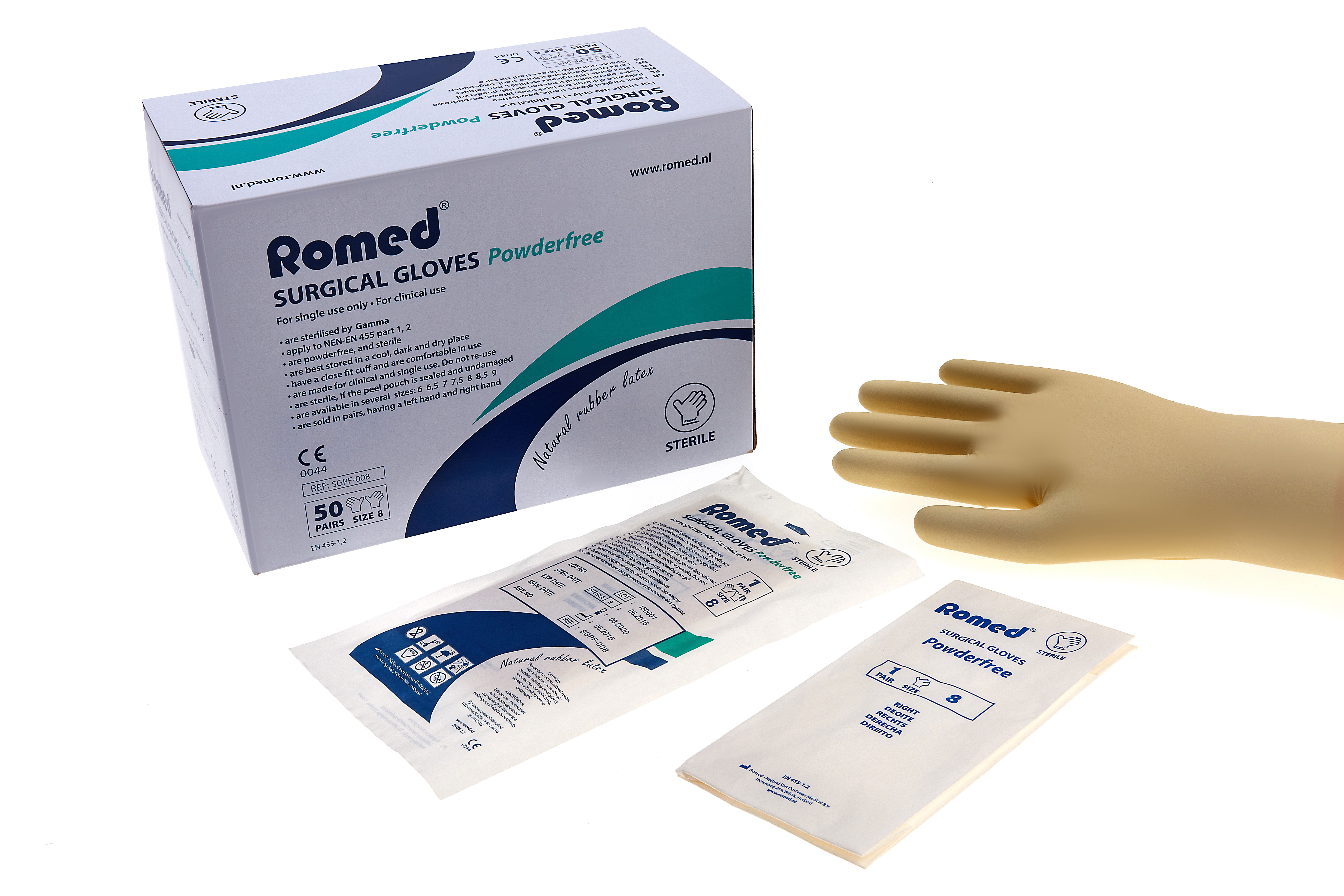 SGPF-008 Romed latex surgical gloves, powderfree, size 8, sterile per pair, 50 pairs in an inner box, 5 x 50 pairs = 250 pairs in a carton.