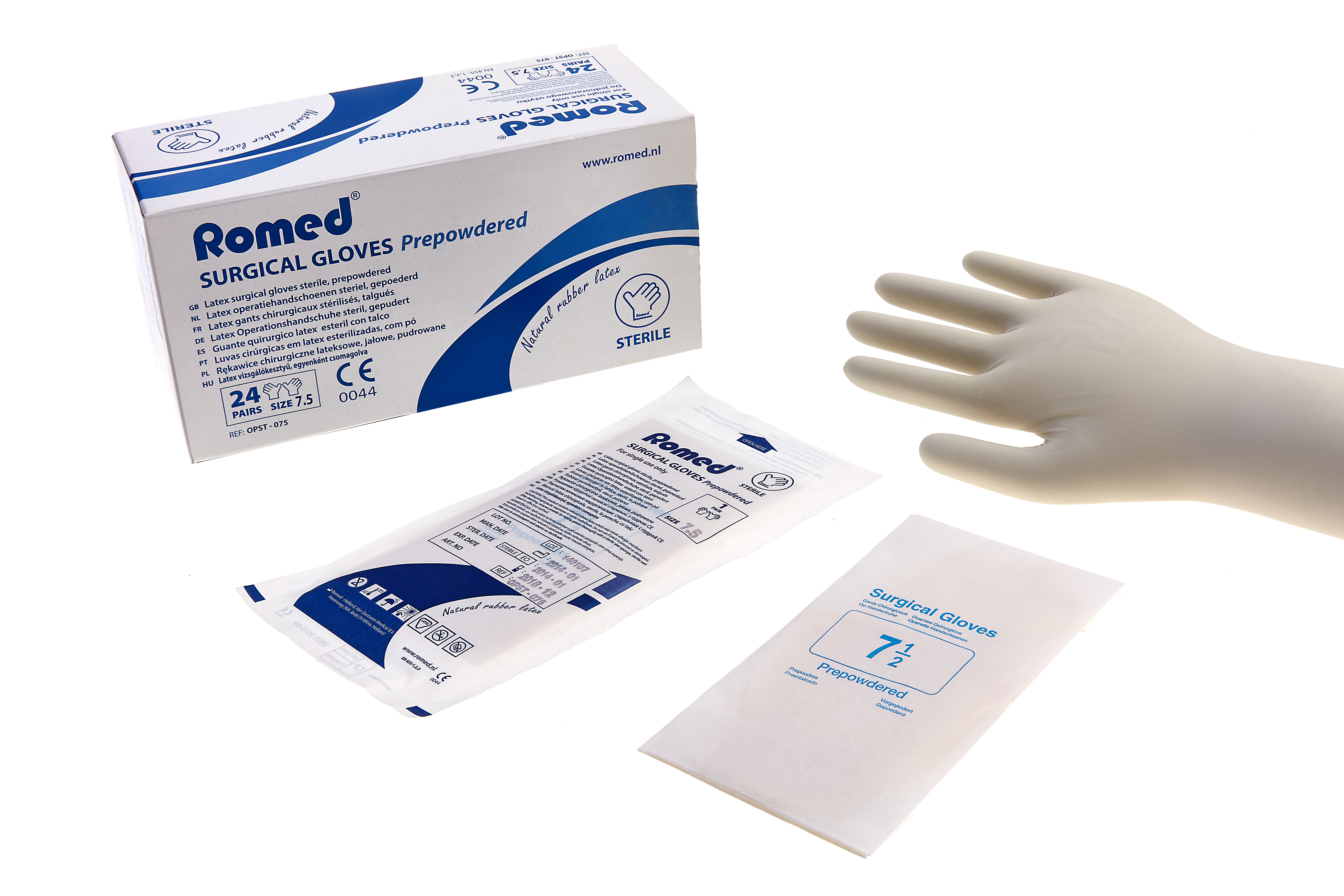 OPST060 Romed latex surgical gloves, prepowdered, size 6, sterile per pair, 50 pairs in an inner box, 8 x 50 pairs = 400 pairs in a carton.