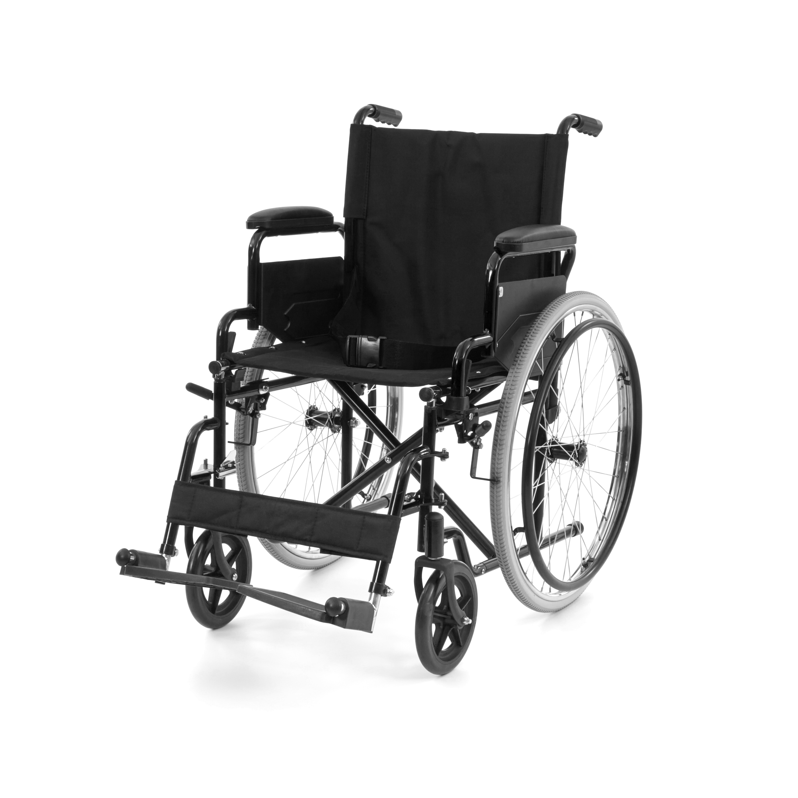 WHE-01-BLACK Romed foldable manual wheelchair, black, with flip-up armrest and swing away footrest, per piece in a carton.