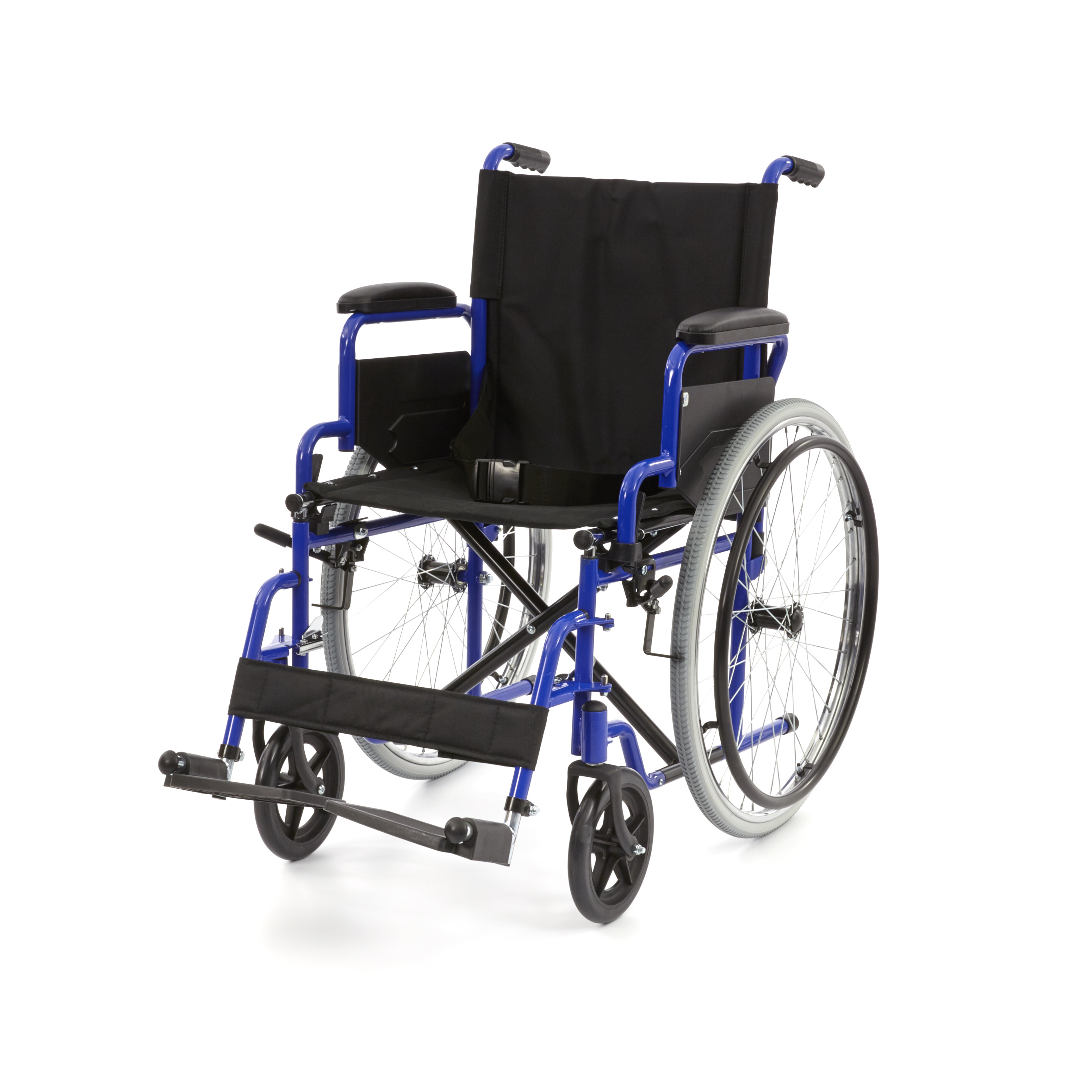 WHE-01-BLUE Romed faltbarer Standard-Rollstuhl mit klappbare Armlehne und Fußrasten.