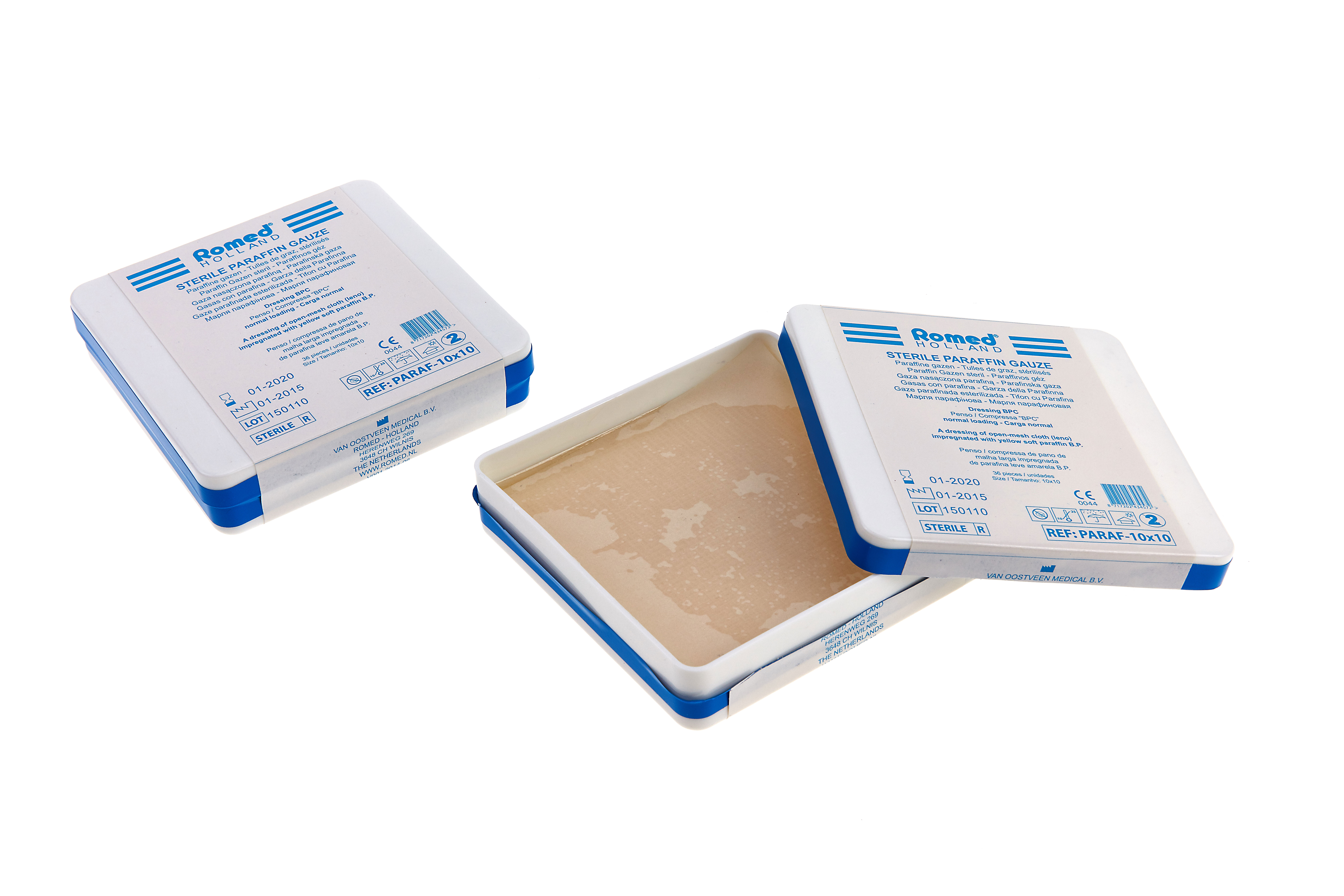 PARAF-10X10 Romed paraffine gauze 10x10cm, sterile, per 36 pcs in a container, 4 containers in an innerbox, 9 x 4 containers = 36 containers in a carton.