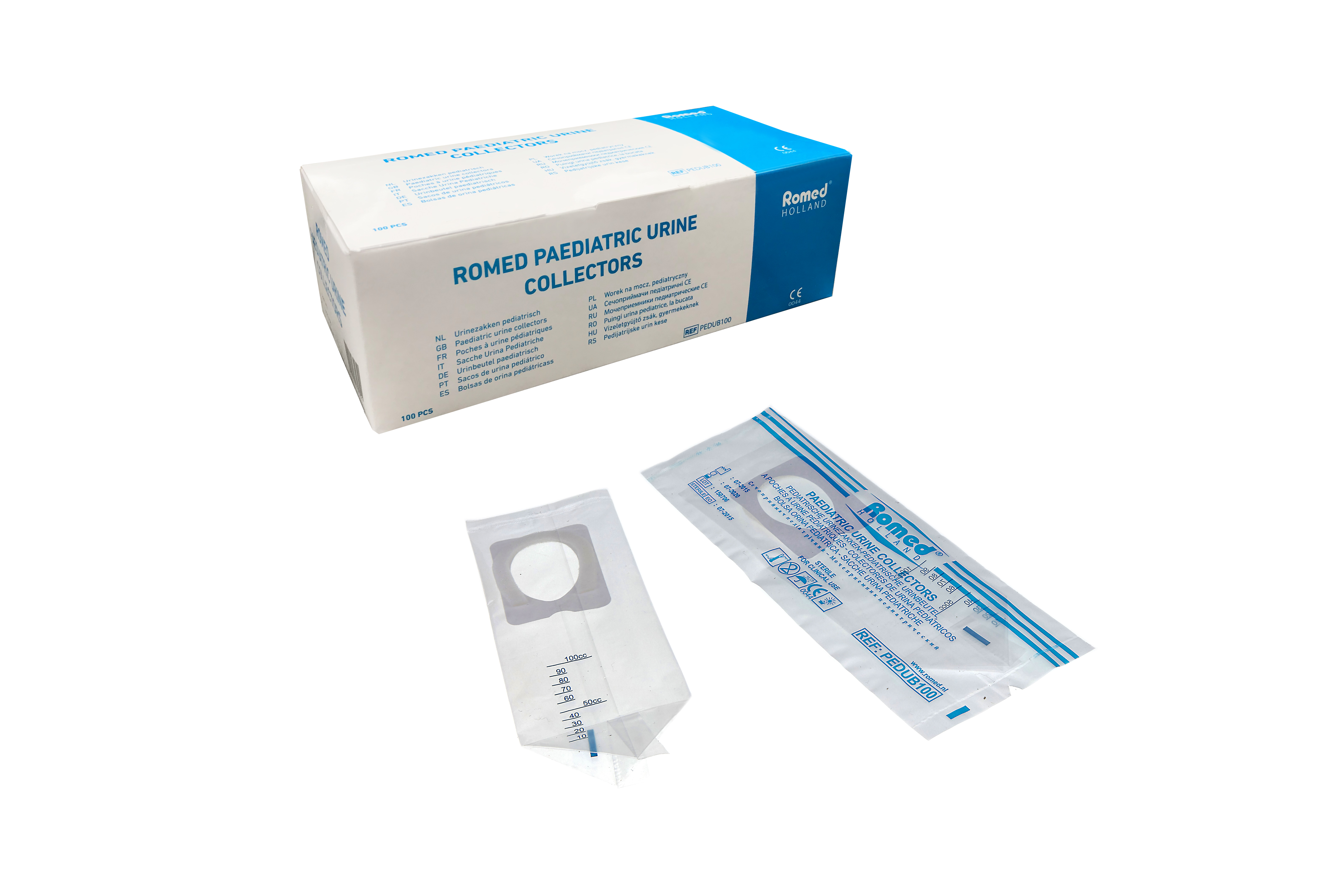 PEDUB100 Poches à urine pédiatriques Romed, conditionnées individuellement dans un sac plastique, 100 unités par boîte intérieure, 20 x 100 unités = 2 000 unités par carton.