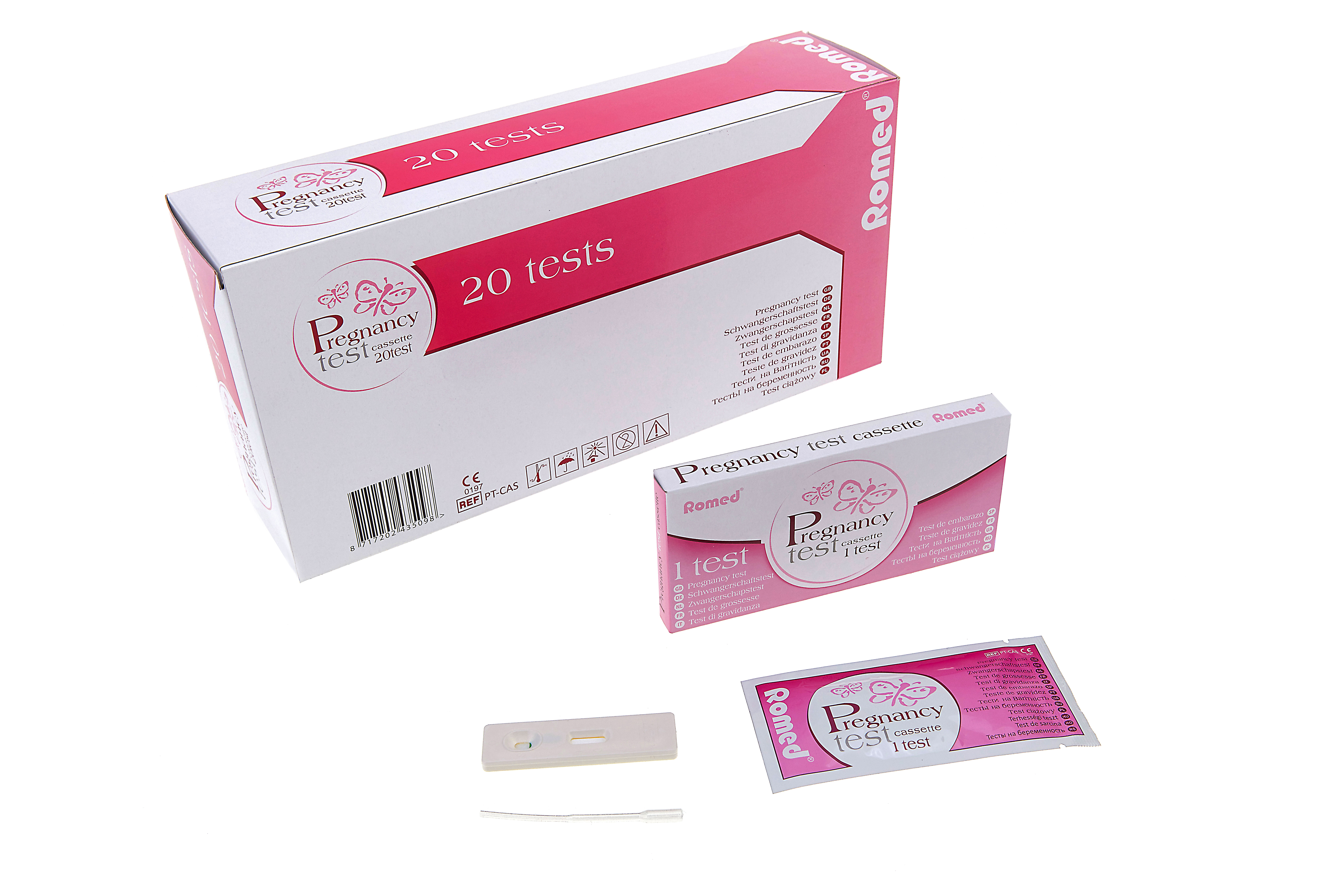PT-CAS Romed Schwangerschaftsteste, Cassette, verpackt pro Stück, pro 20 Stück in einer Schachtel, 25 x 20 Stück = 500 Stück im Karton.
