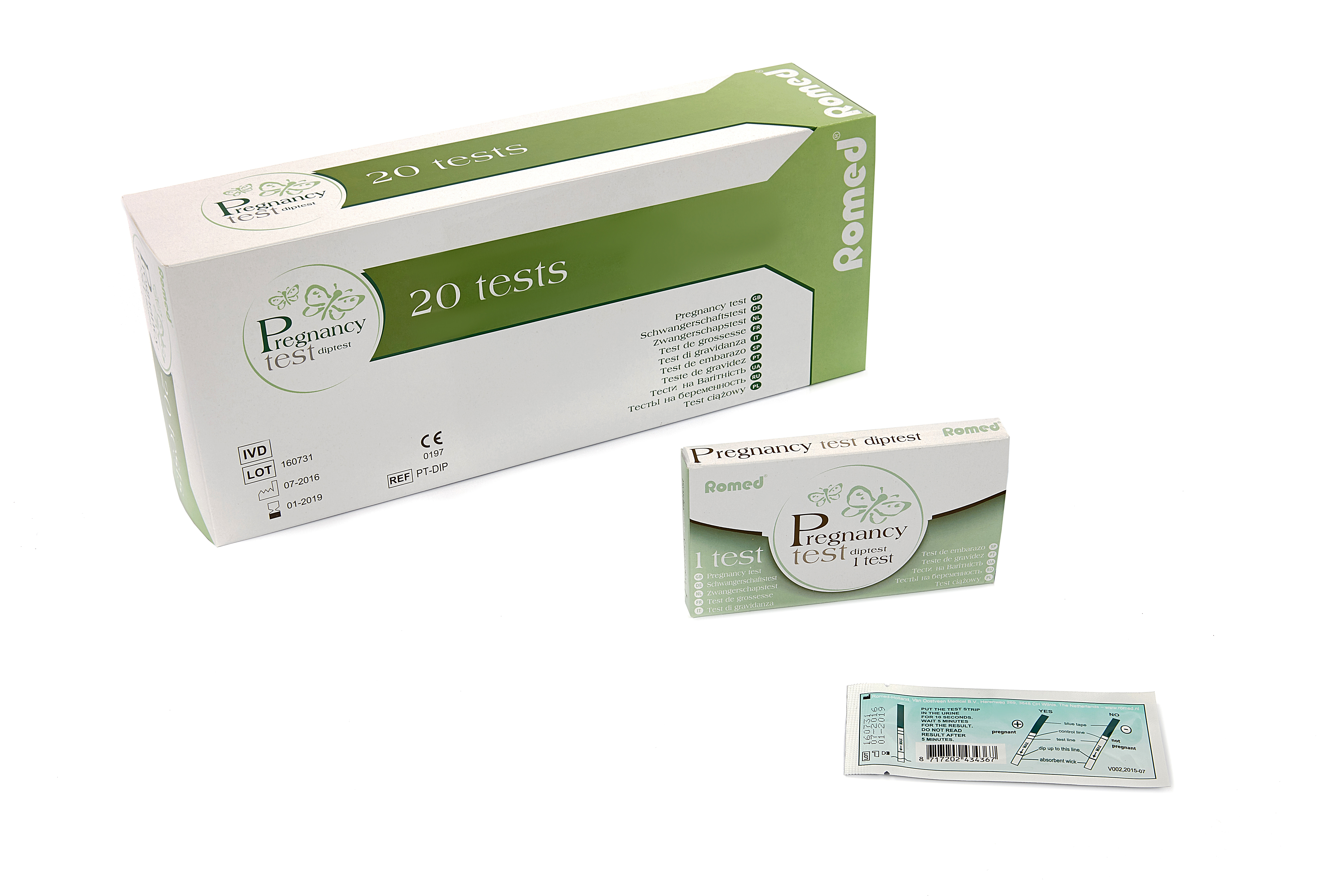 PT-DIP Romed Schwangerschaftsteste, DipTest, verpackt pro Stück, pro 20 Stück in einer Schachtel, 25 x 20 Stück = 500 Stück im Karton.
