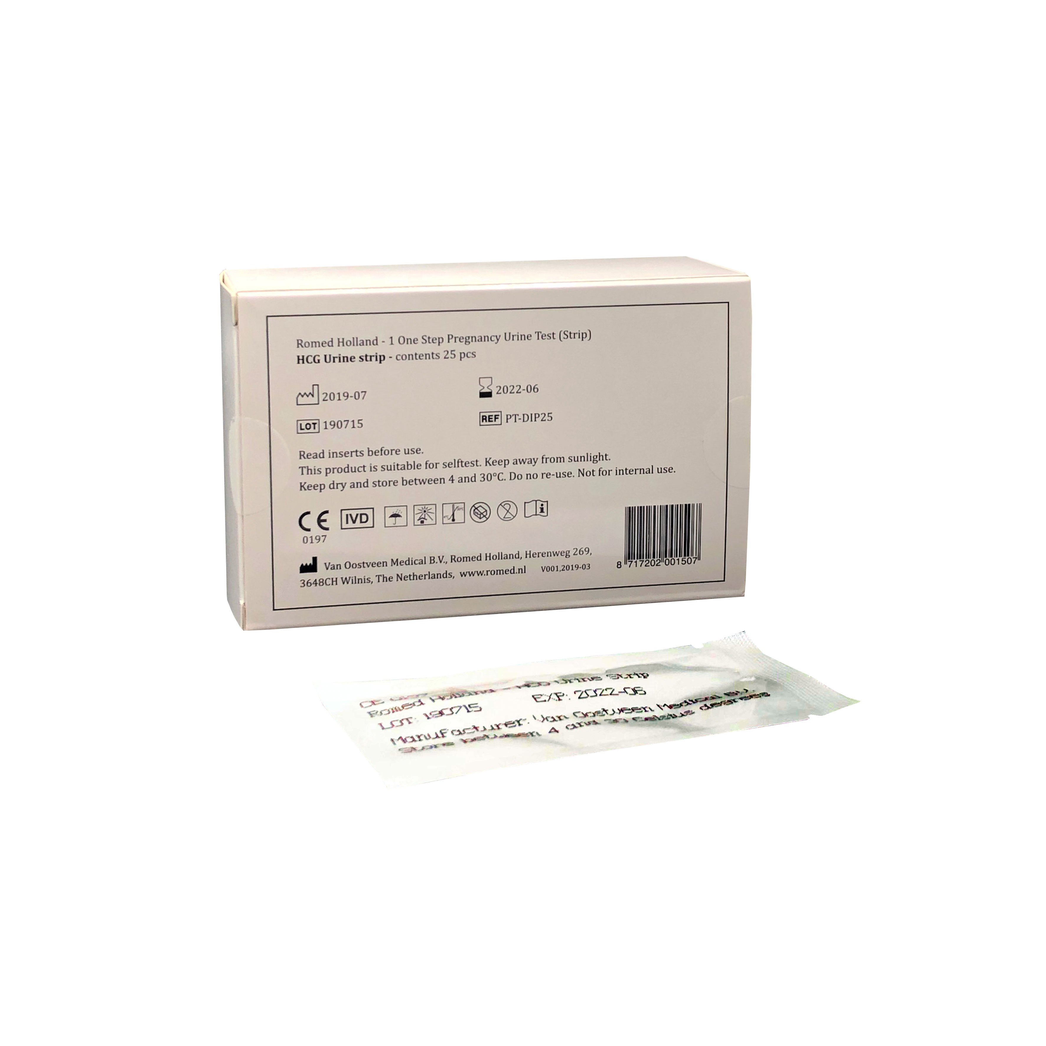 PT-DIP25 Romed zwangerschapstesten, diptest, verpakt per stuk in een doosje, per 25 stuks geseald in een binnendoosje, 25 x 20 stuks = 500 stuks in een karton.