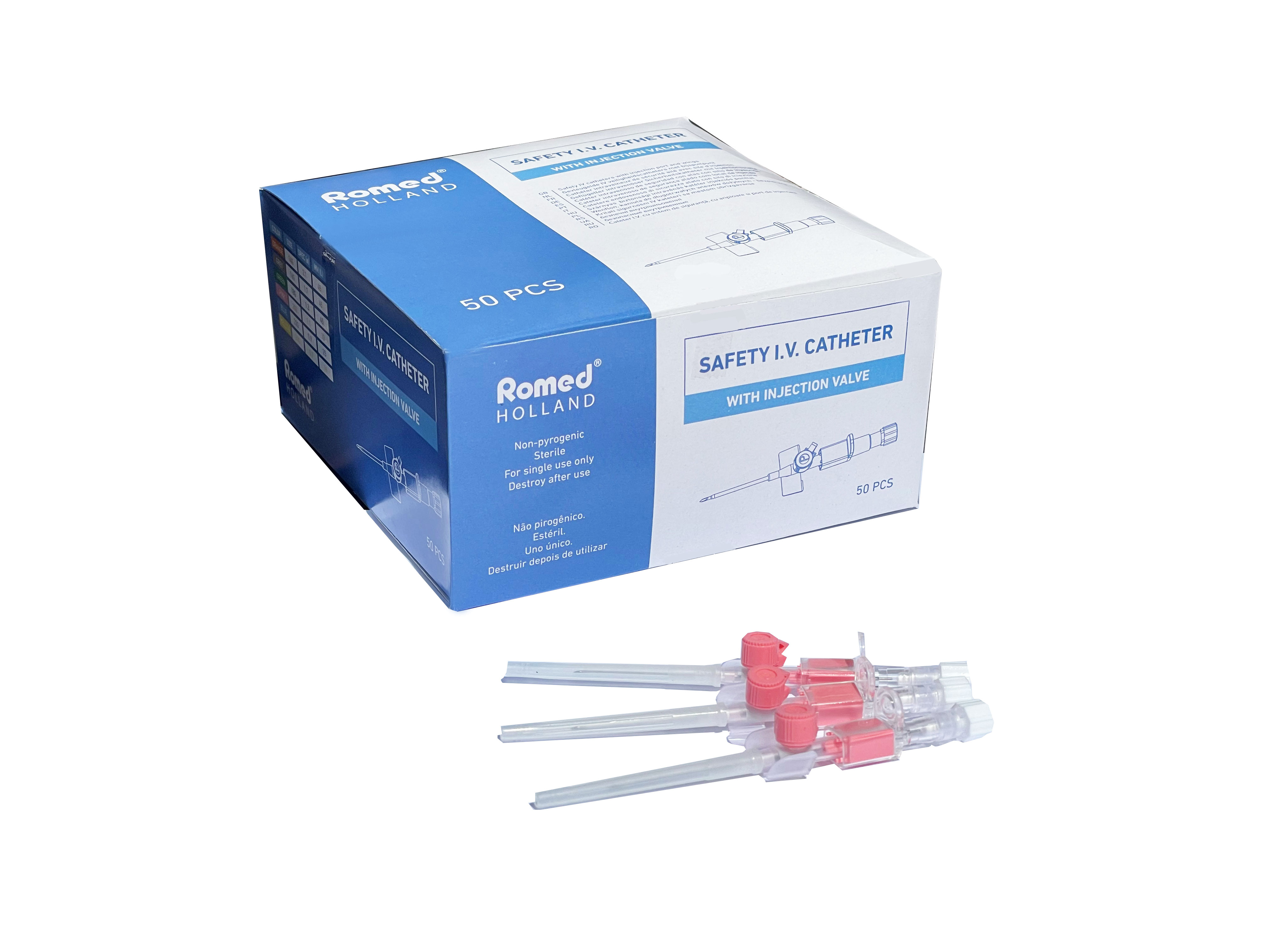 S-IVCATH-20G Romed Safety I.V. catheters with injection valve, 20G, sterile per piece, 50 pcs in an inner box, 10 x 50 pcs = 500 pcs in a carton.