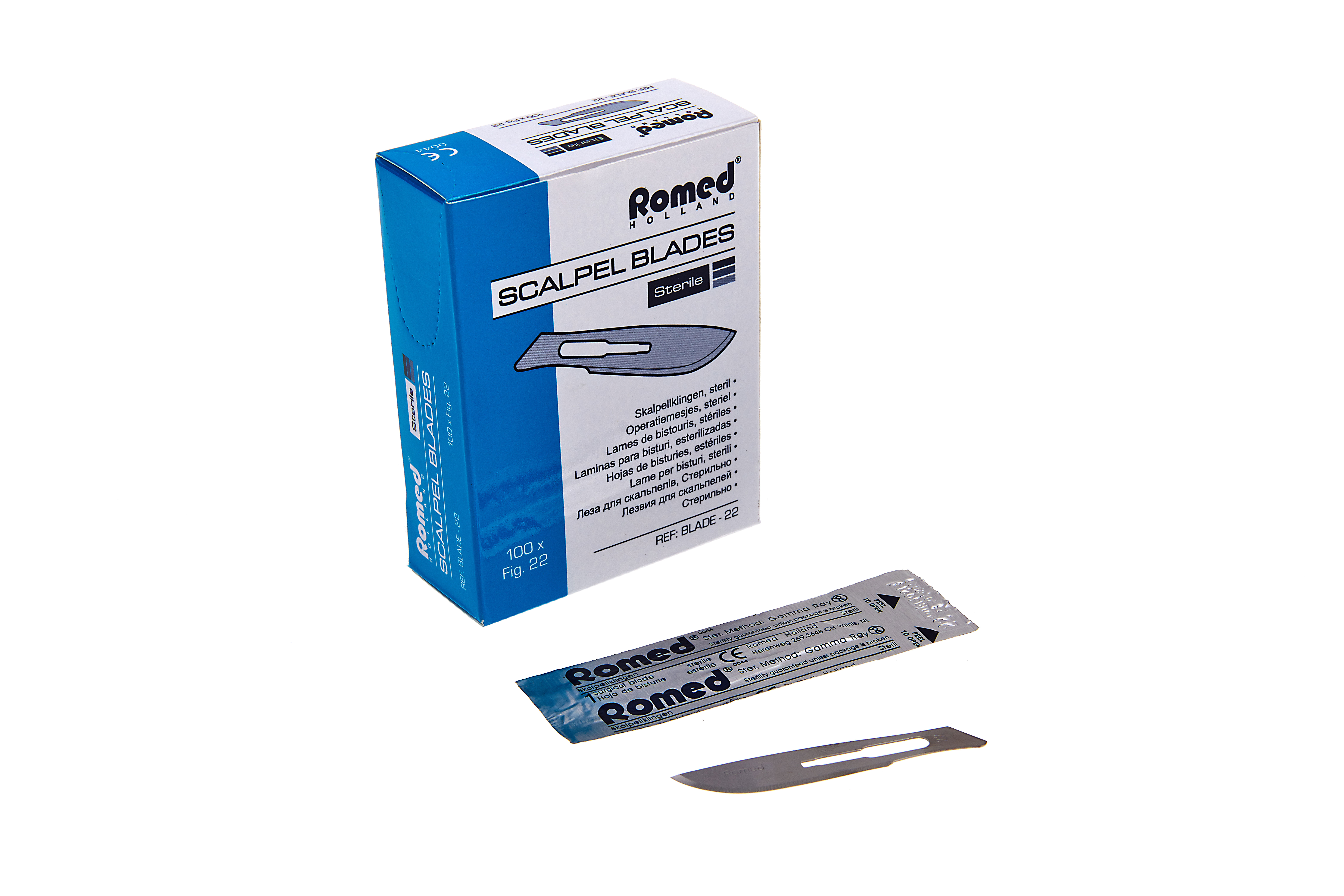 BLADE10 Lames de scalpel Romed, stériles, conditionnées individuellement, 100 unités par boîte intérieure, 50 x 100 unités = 5 000 unités par carton.