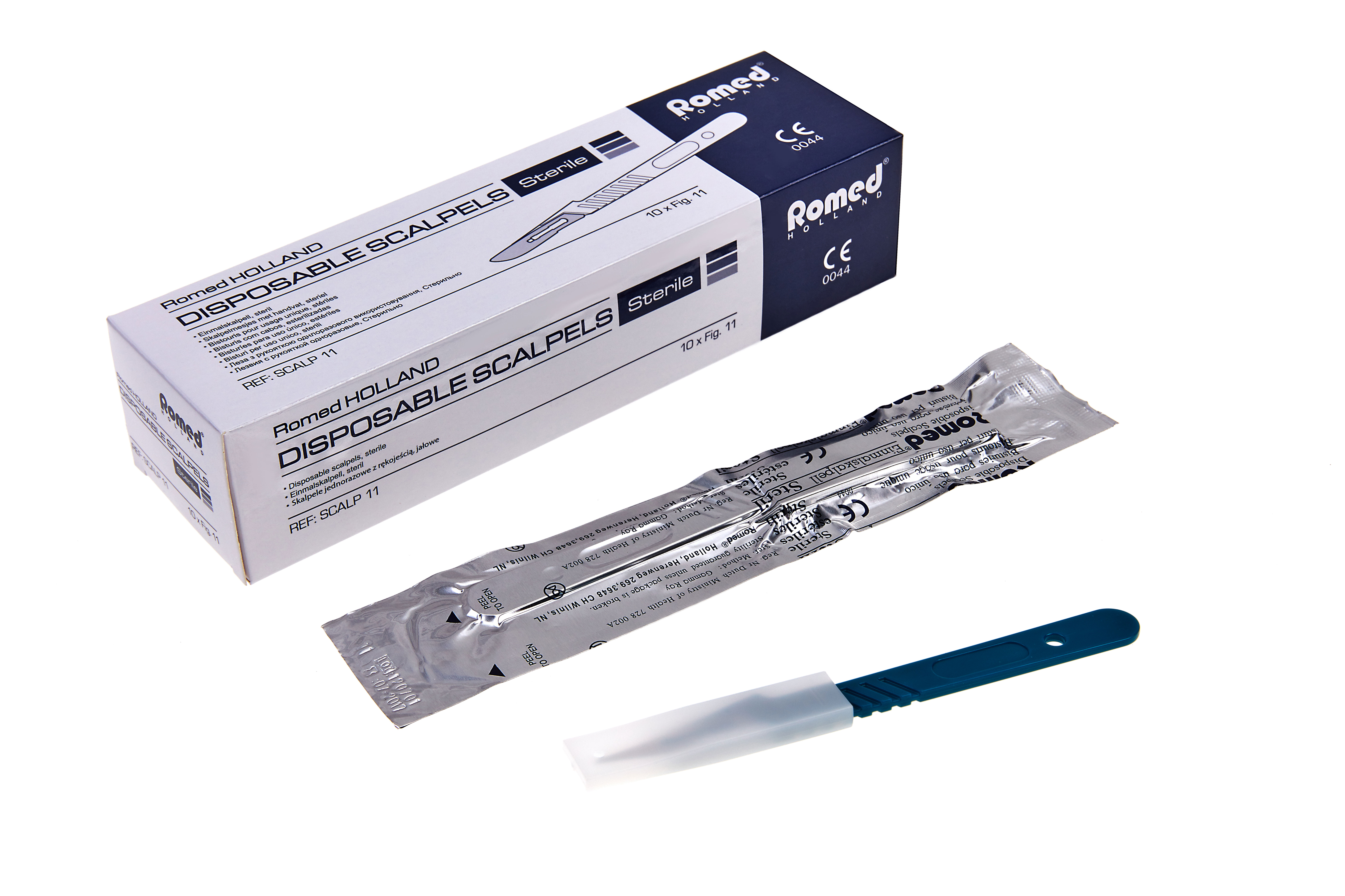 SCALP-10 Romed scalpels complete with handle, no. 10, sterile per piece, 10 pcs in an inner box, 50 x 10 pcs = 500 pcs in a carton.