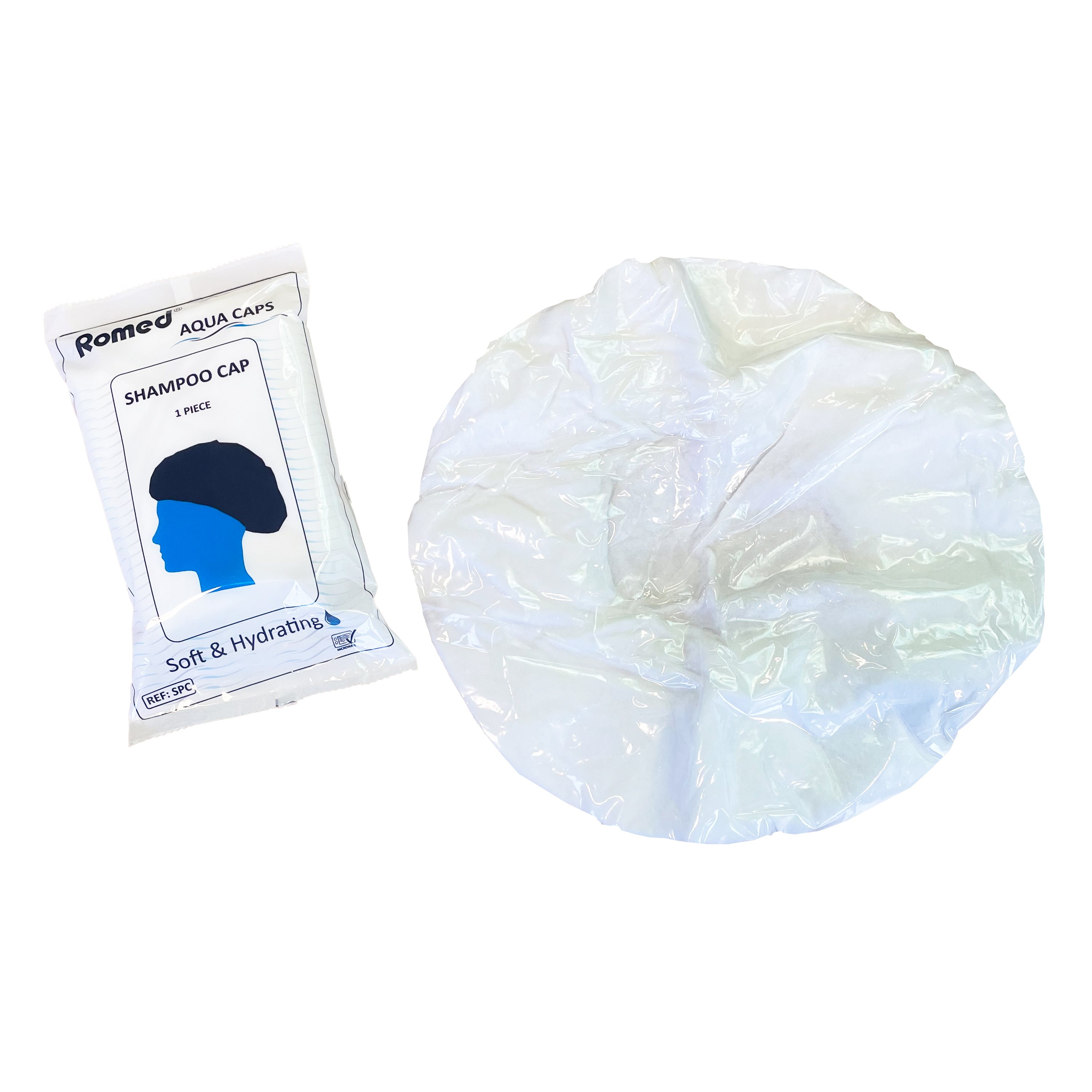 SPC Romed shampoo caps, pre-impregnated with shampoo, indivually packed, 24 dispenser bags in a carton.