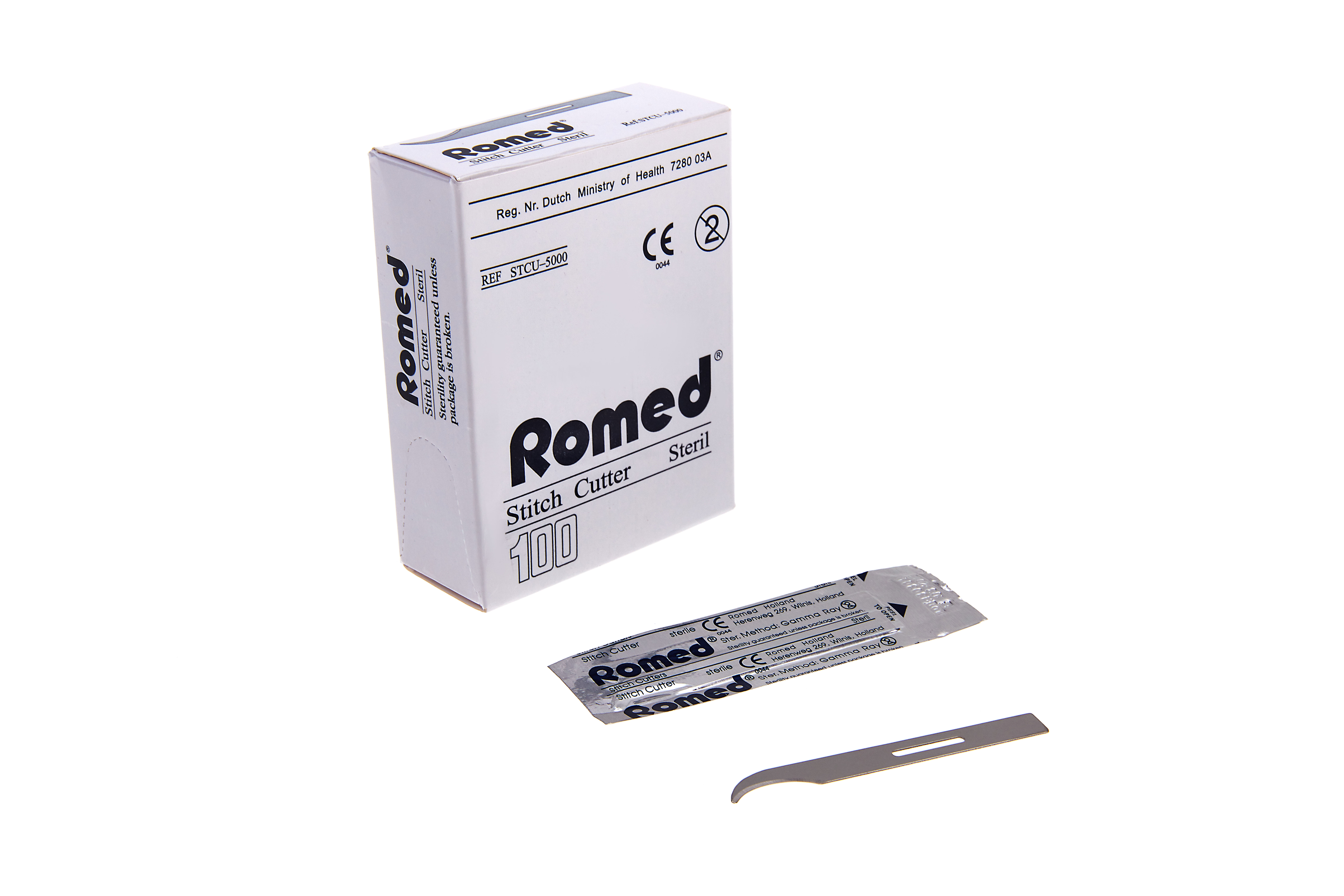STCU5000 Romed stitch cutters, length 6.5cm, sterile per piece, 100 pcs in an inner box, 50 x 100 pcs = 5.000 pcs in a carton.