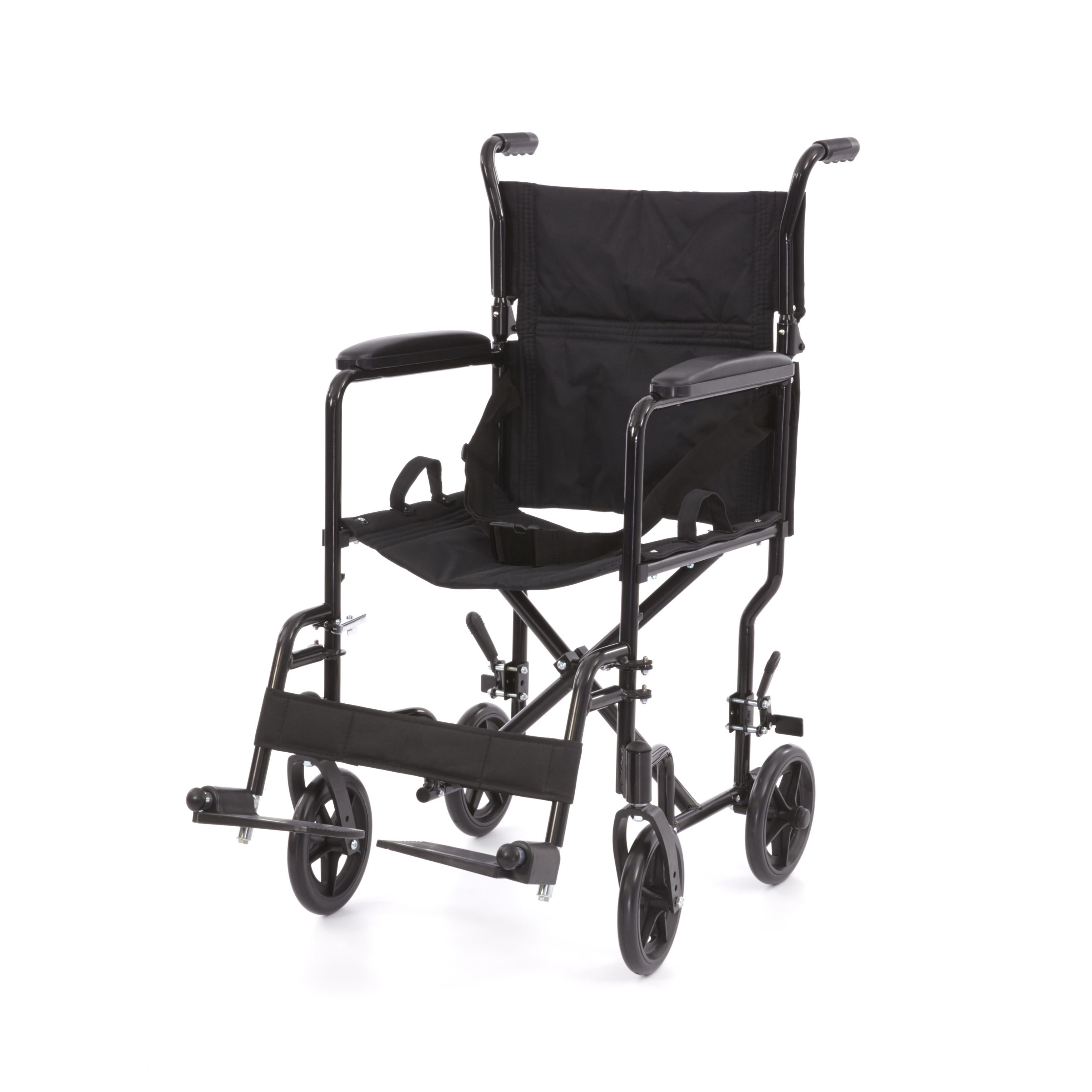 WHE-02-BLACK Romed inklapbare aluminium transport rolstoel met inklapbare rugsteun, vaste armsteunen en uitklapbare voetsteunen.