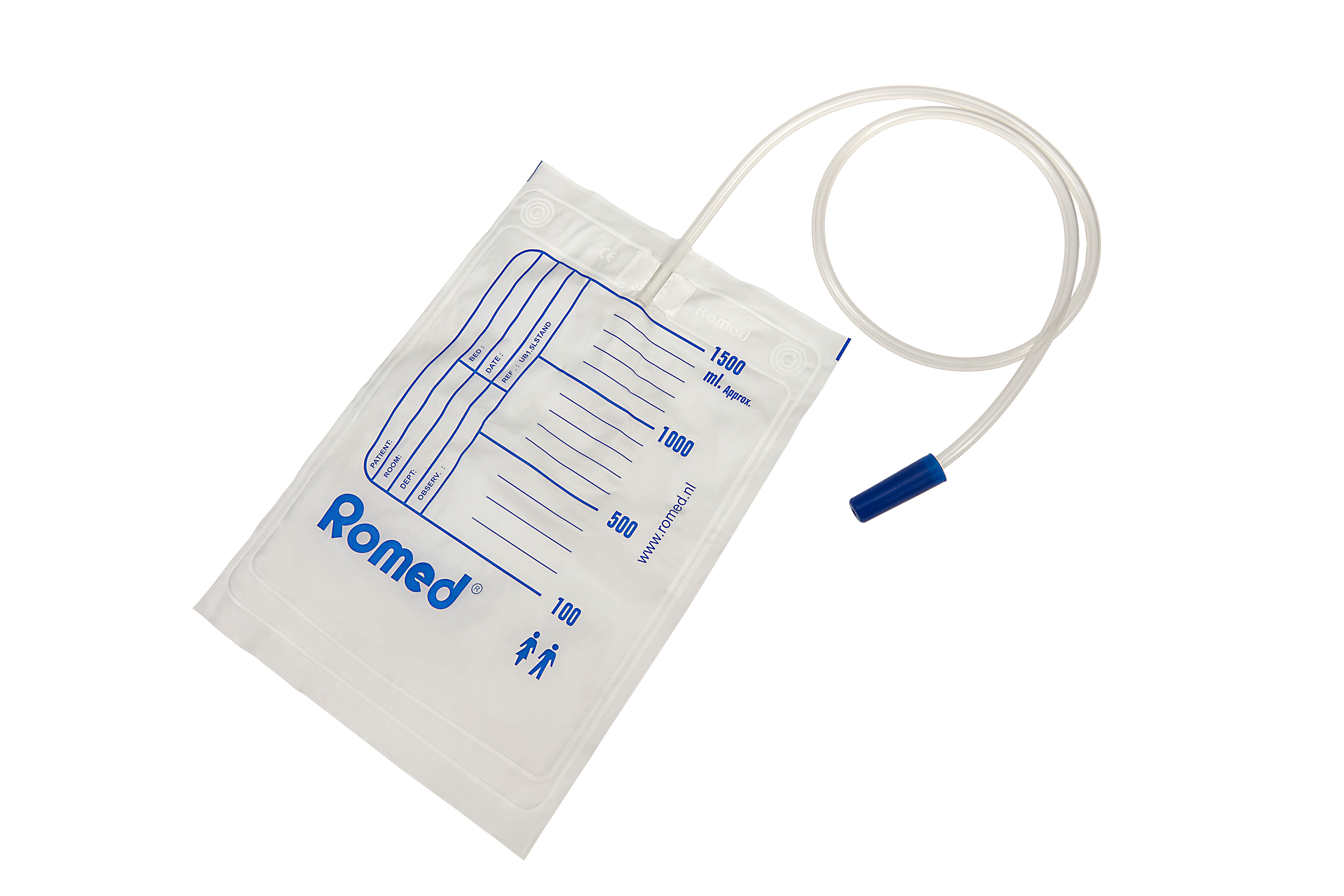 UB1.5LSTAND Romed urine bags 1.5 litres, standard type (without non return valve and bottom outlet), 90cm tube, non sterile, 250 pcs in a carton.