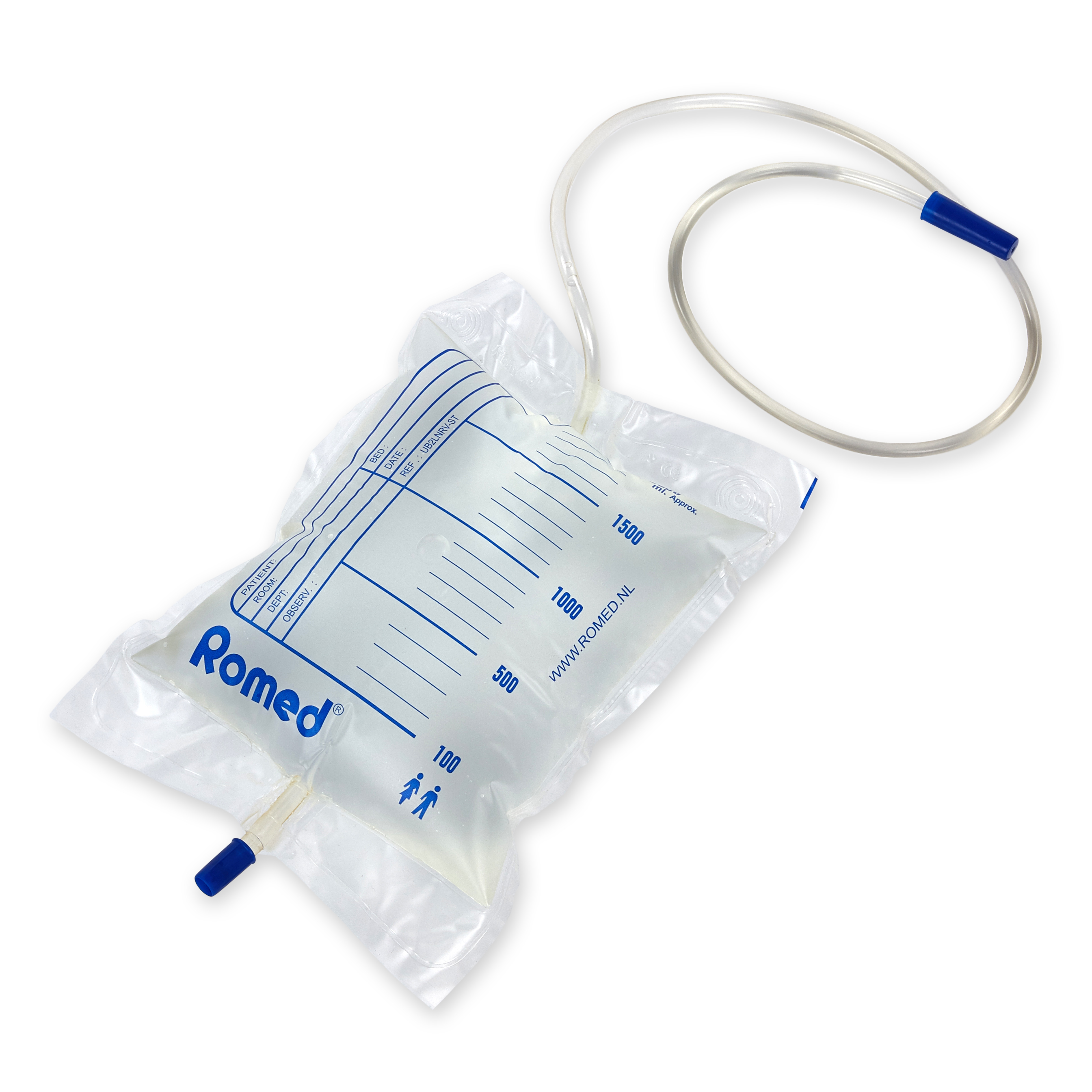 UB2LNRV-ST Poches à urine Romed, 2 litres, sans clapet antiretour ou dispositif de vidange par le bas, tube de 90 cm, conditionnées individuellement dans un sac plastique, stériles, 250 unités par carton.