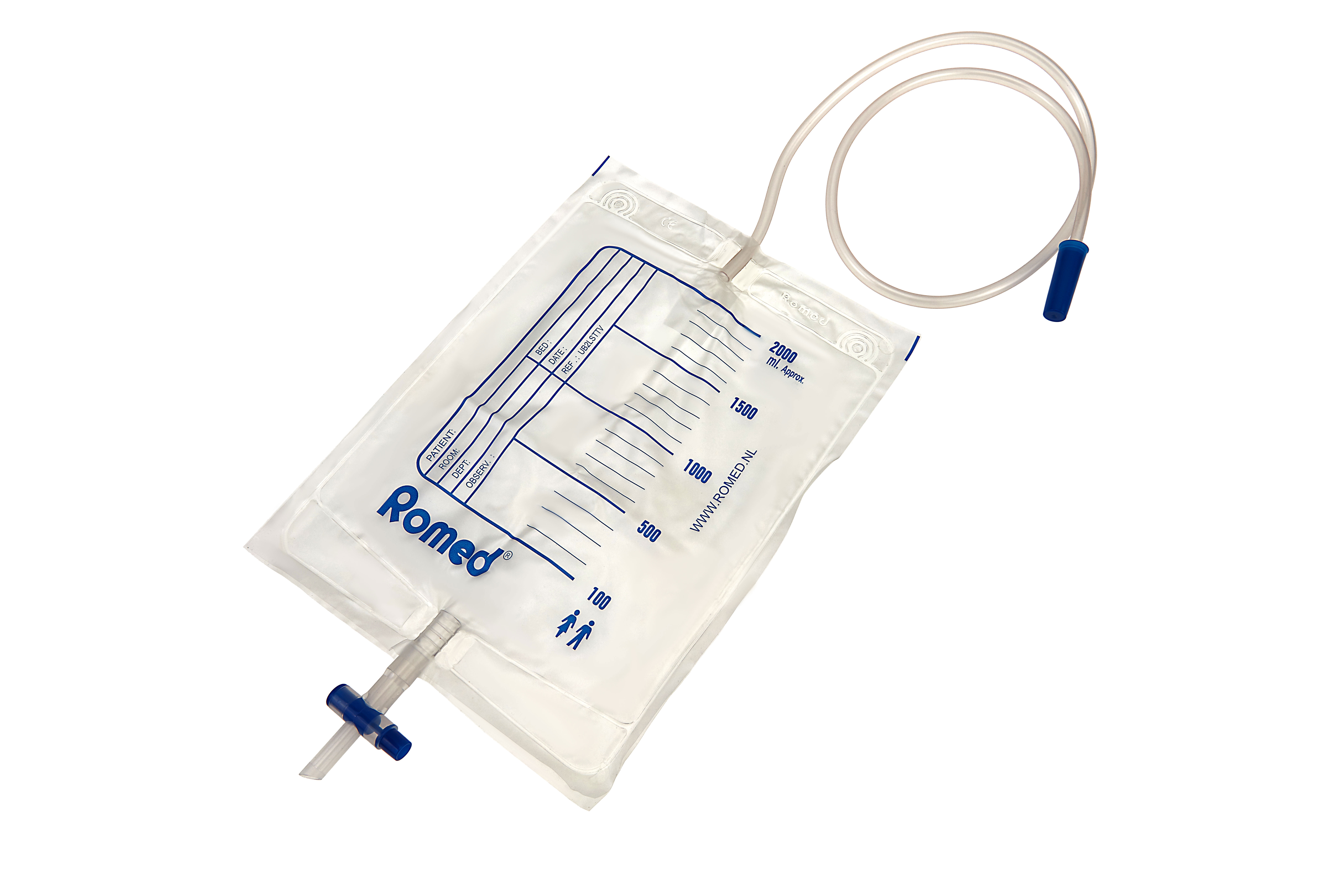 UB2LSTTV Romed urine bags 2 litres, with non return valve and t-valve, 90cm tube, sterile per piece in a polybag, 10 pieces in a bigger polybag, 250 pcs in a carton.