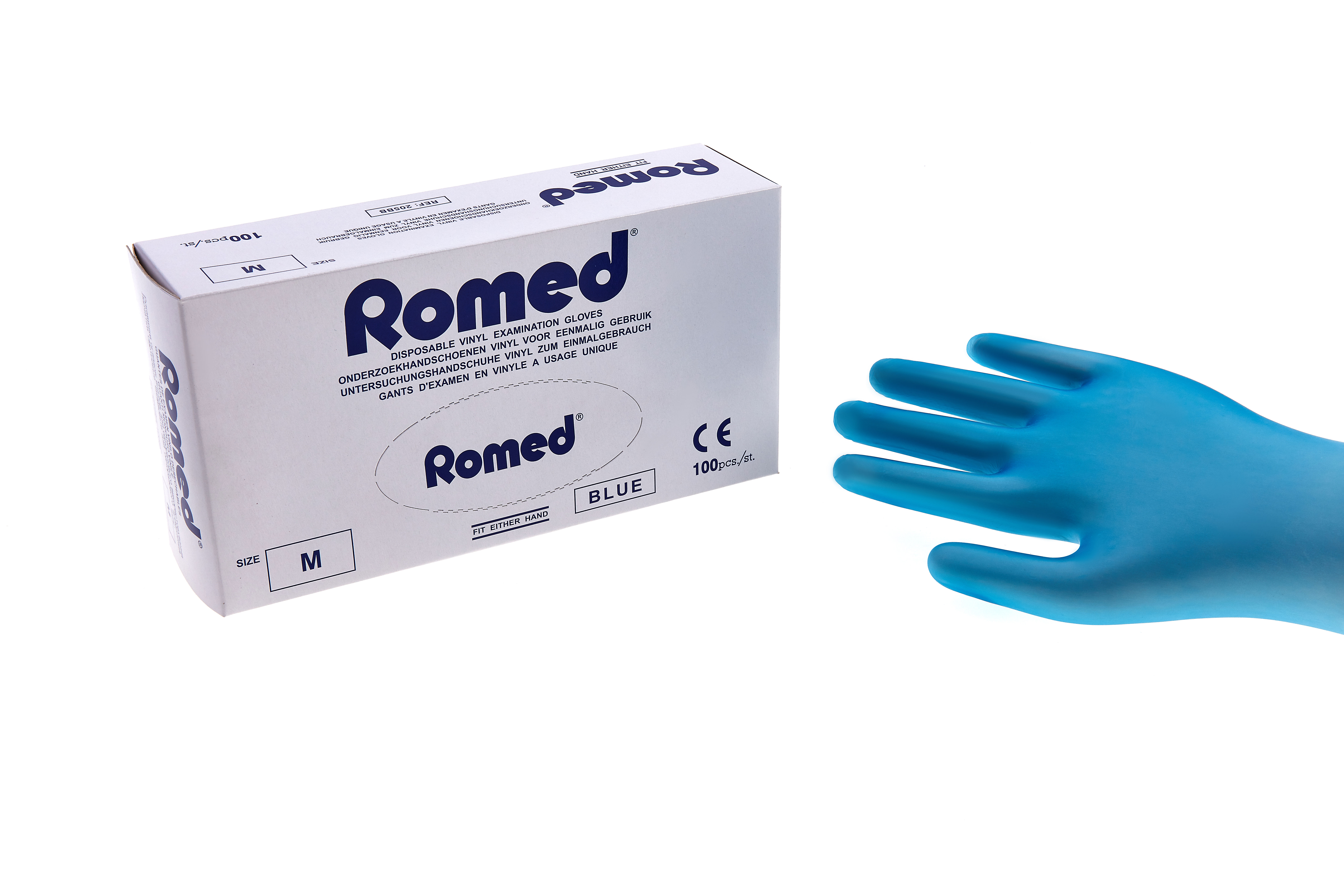 200BB Romed vinyl examination gloves, non sterile, prepowdered, blue, small, per 100 pcs in a dispenser box, 10 x 100 pcs = 1.000 pcs in a carton.
