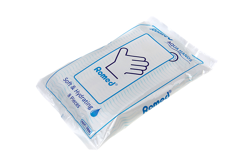 SBW Romed Waschhandschuhe, vorimprägniert, pro 8 Stück in einem Spenderbeutel, 24 Spenderbeutel im Karton.
